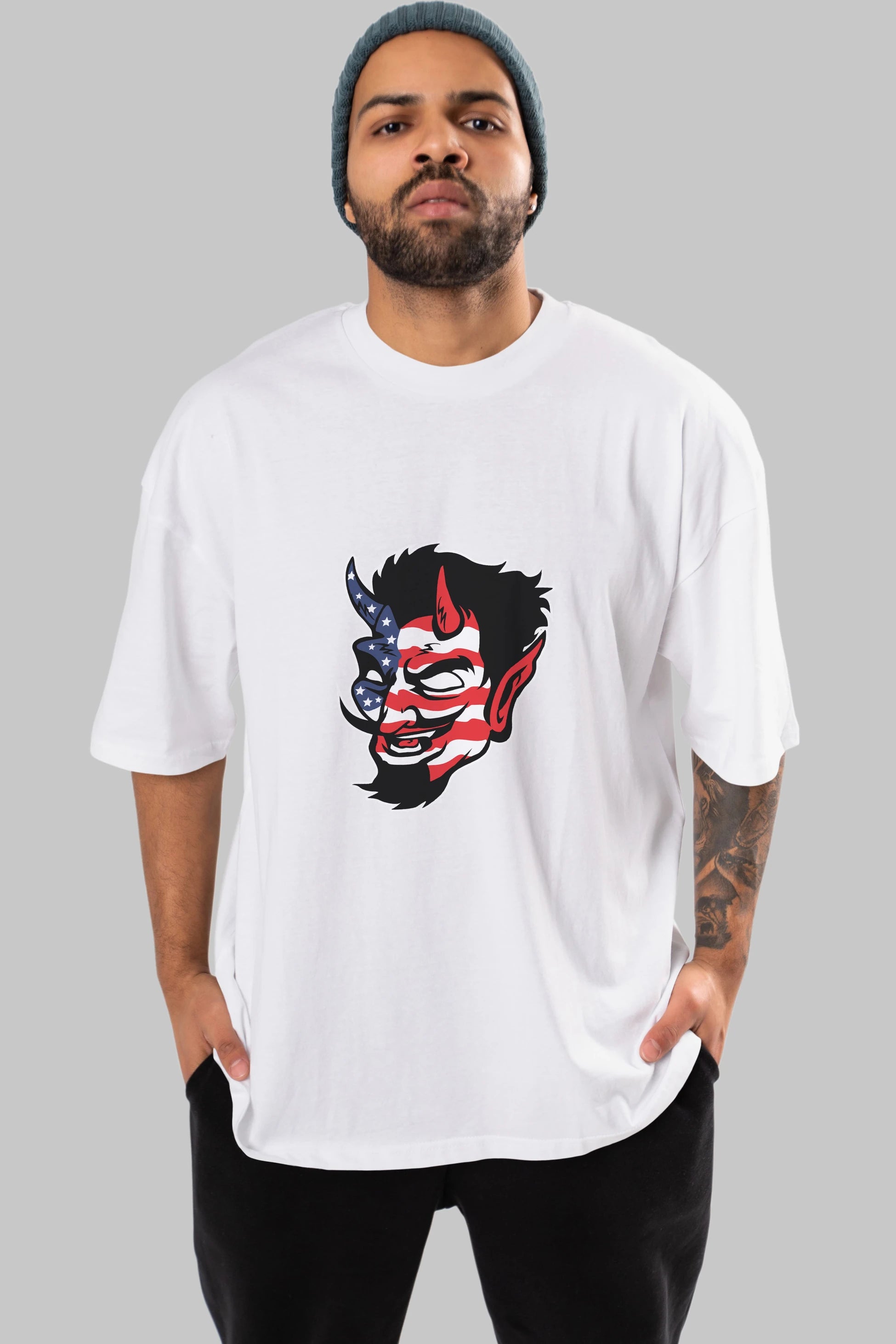 American Devil Ön Baskılı Oversize t-shirt Erkek Kadın Unisex %100 Pamuk tişort