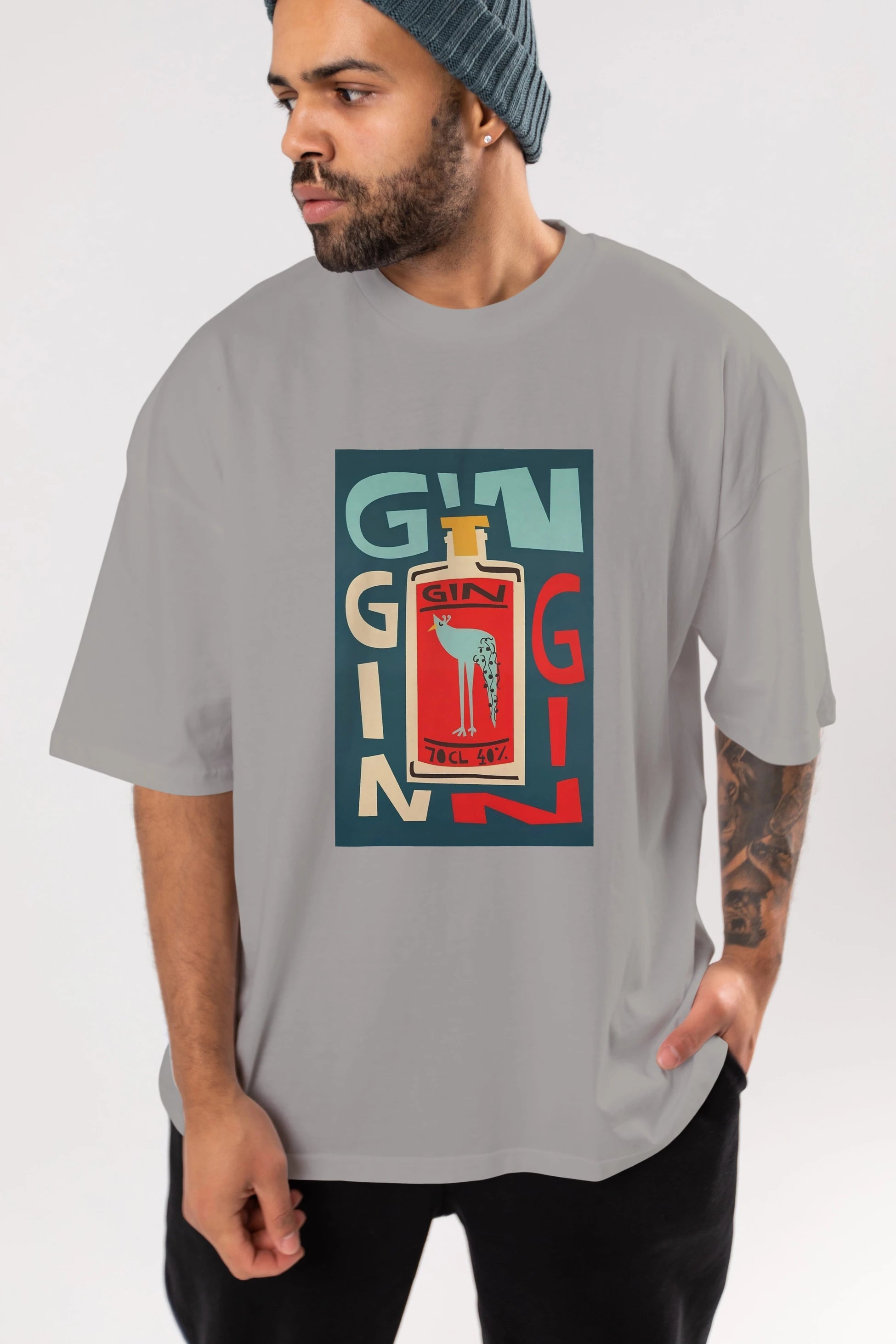 Gin 2 Ön Baskılı Oversize t-shirt Erkek Kadın Unisex %100 Pamuk Bisiklet Yaka tişort