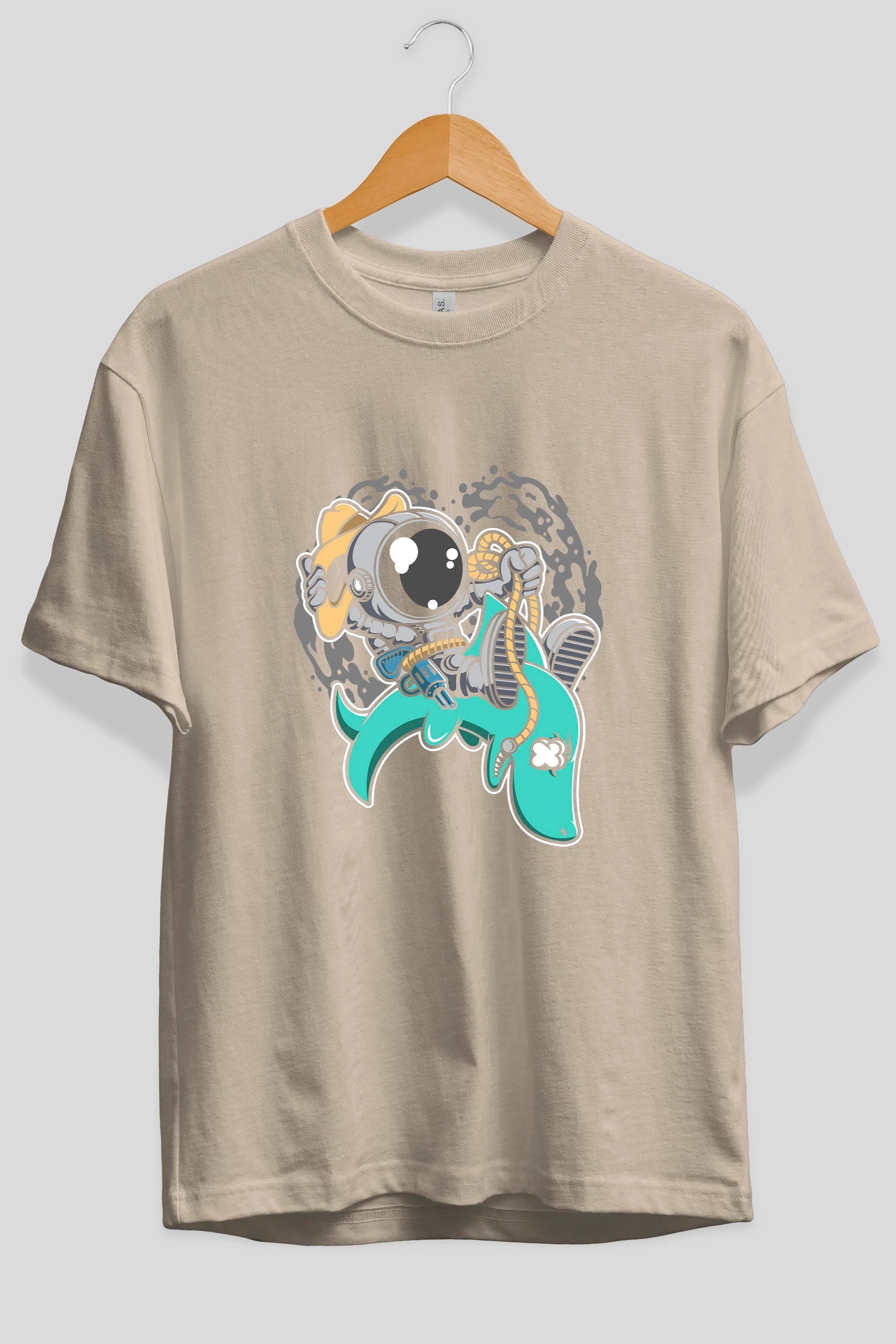 Astronaut Riding Shark Ön Baskılı Oversize t-shirt Erkek Kadın Unisex