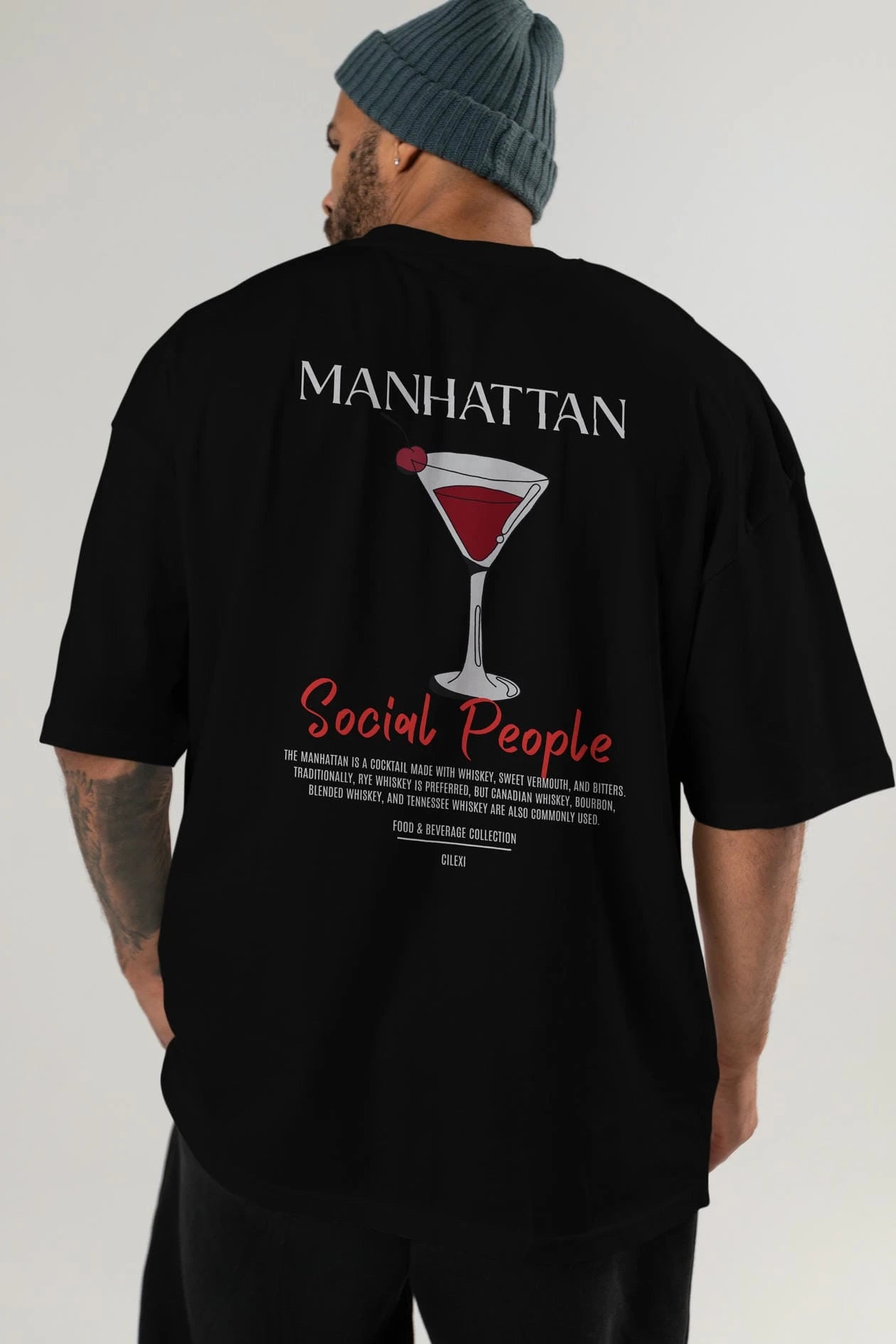 Manhattan Kokteyl Serisi Baskılı Oversize t-shirt Erkek Kadın Unisex %100 Pamuk Bisiklet Yaka tişort