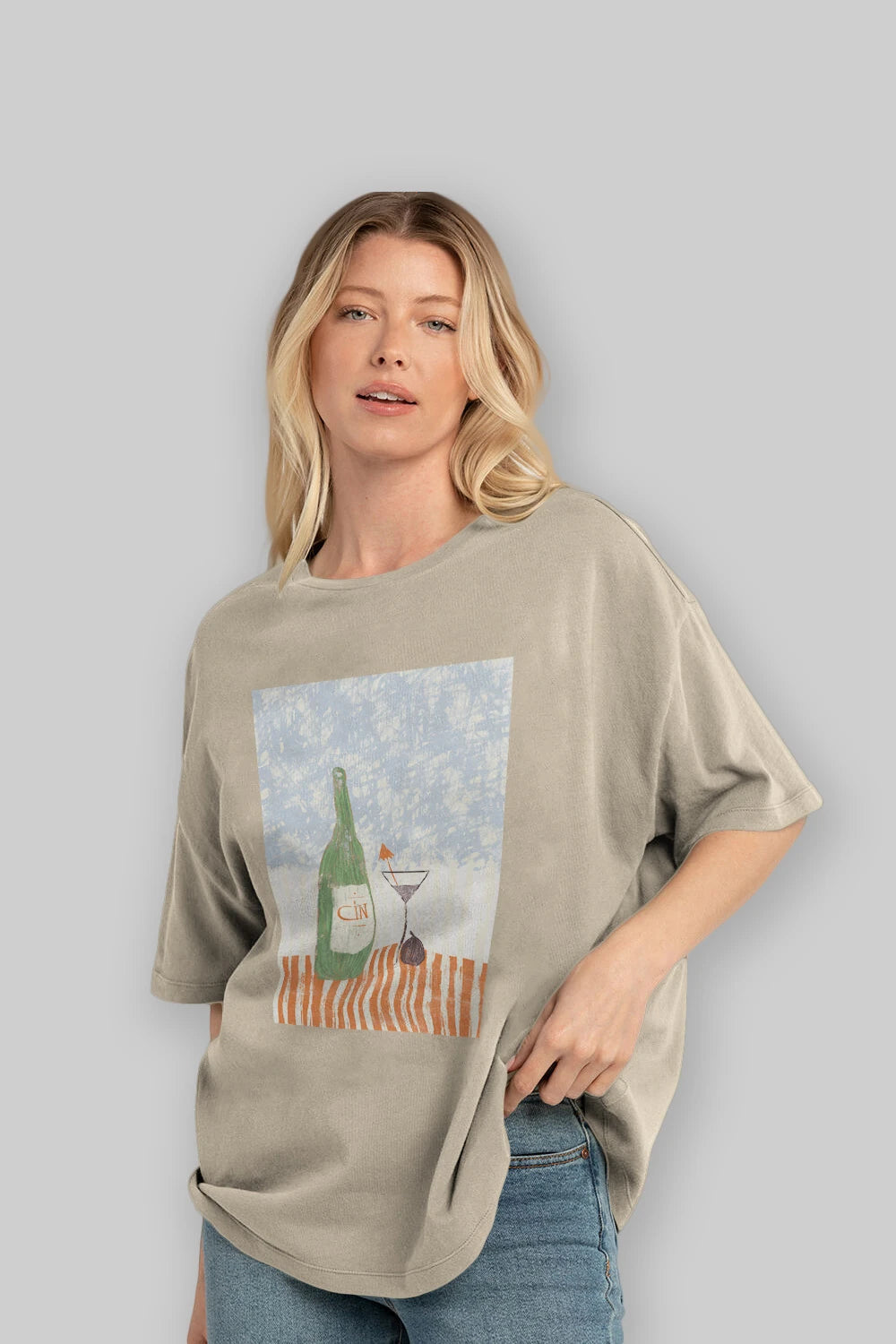 Gin Ön Baskılı Oversize t-shirt Erkek Kadın Unisex %100 Pamuk Bisiklet Yaka tişort