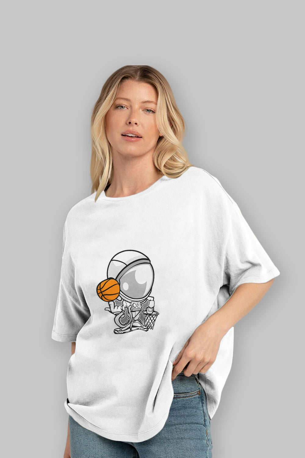 Astronaut Basketball Ön Baskılı Oversize t-shirt Erkek Kadın Unisex %100 Pamuk tişort