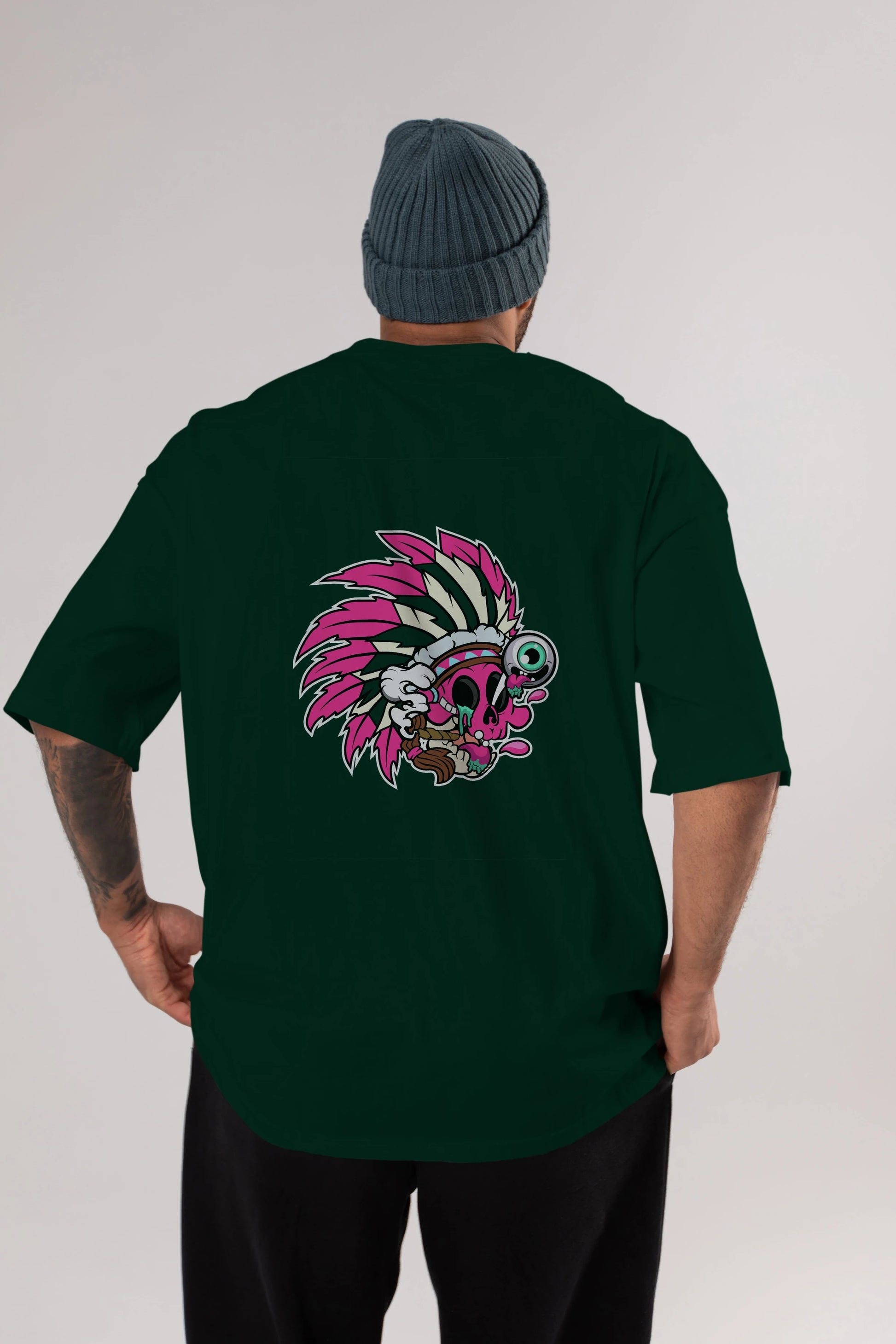 Skull Indian Arka Baskılı Oversize t-shirt Erkek Kadın Unisex %100 Pamuk tişort