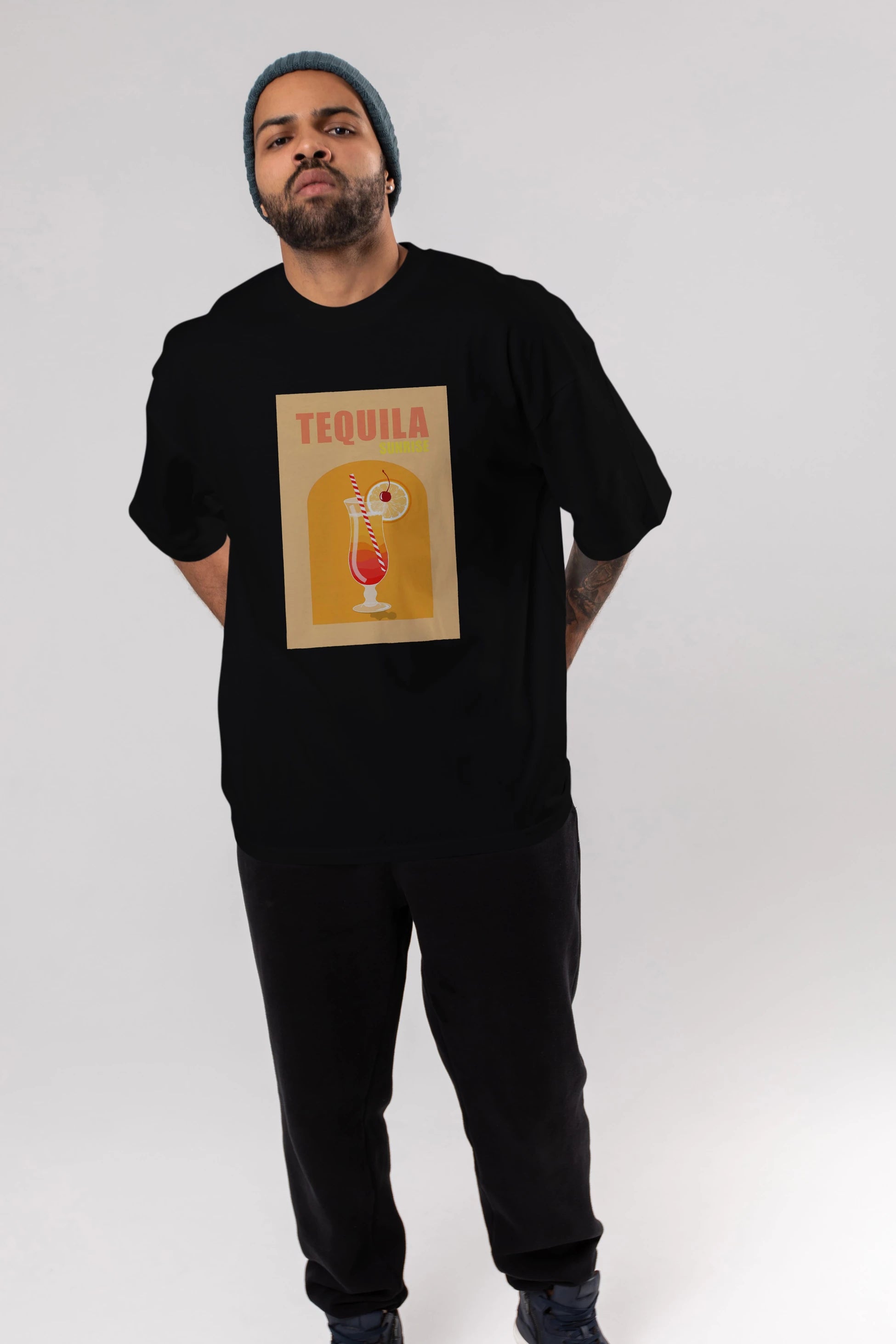 Tequila Sunrise Ön Baskılı Oversize t-shirt Erkek Kadın Unisex %100 Pamuk Bisiklet Yaka tişort