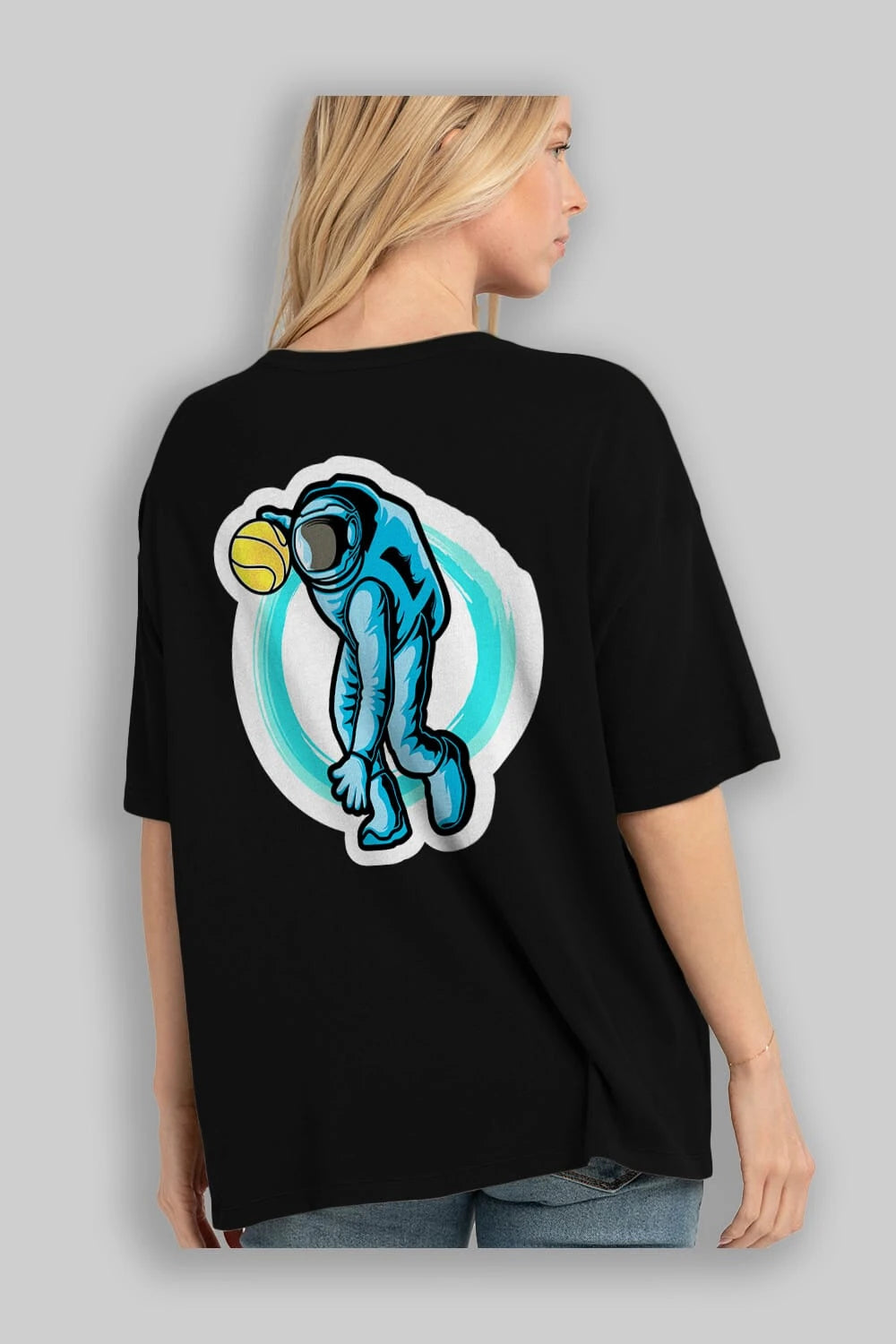 Astronaut Dribble Sticker Arka Baskılı Oversize t-shirt Erkek Kadın Unisex
