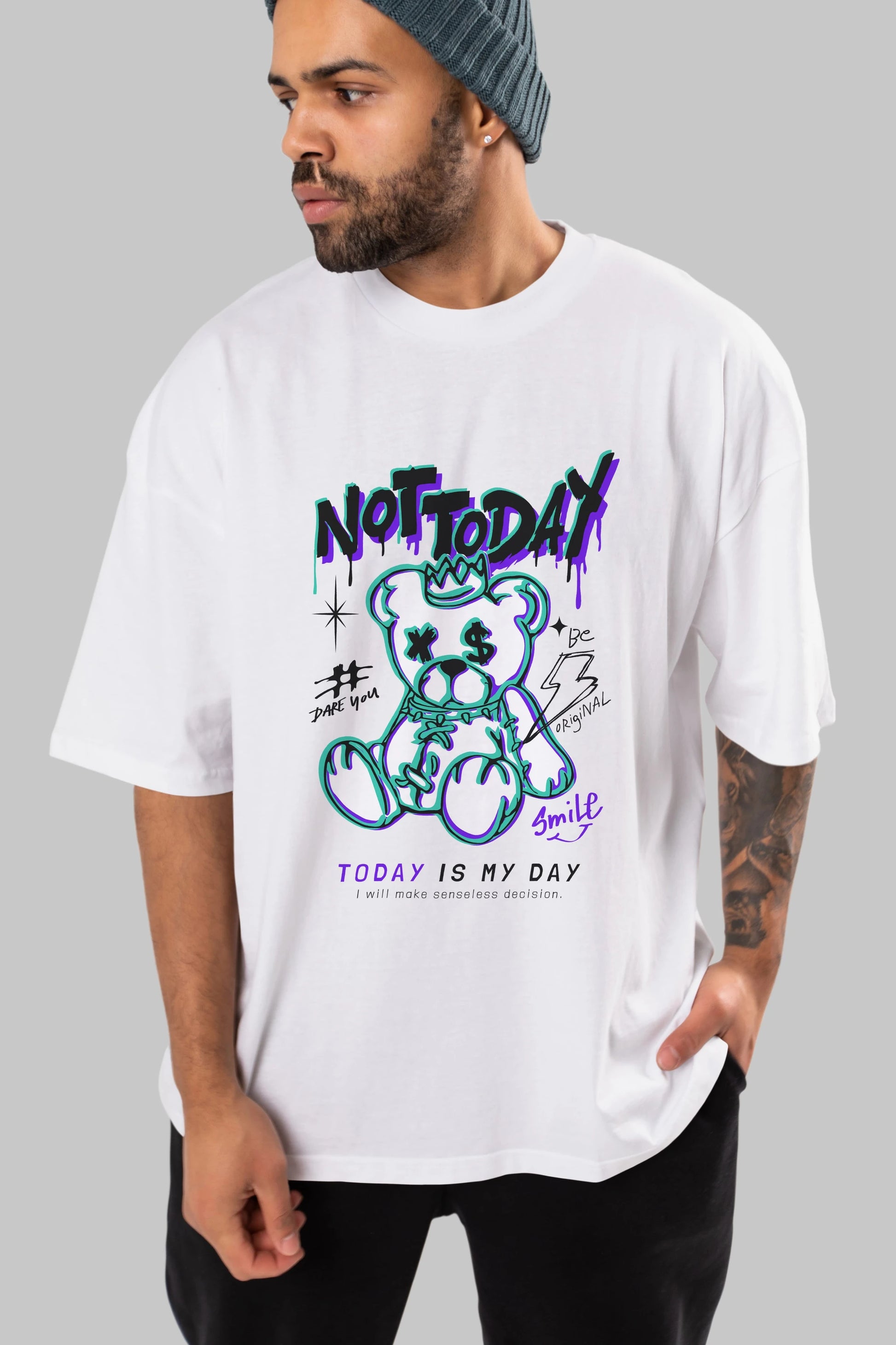 Teddy Bear Not Today Ön Baskılı Oversize t-shirt Erkek Kadın Unisex