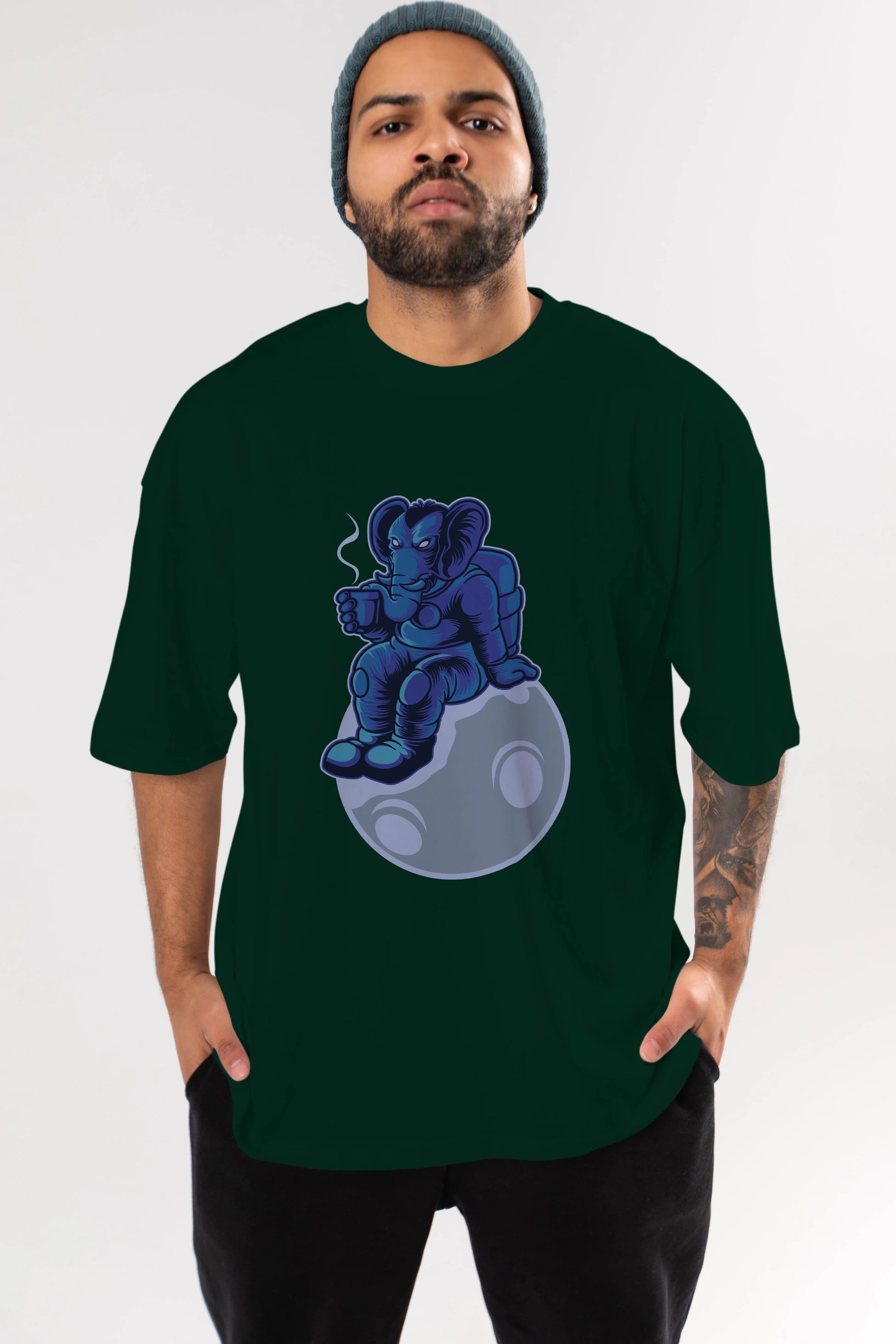 Space Elephant Drink Coffee Ön Baskılı Oversize t-shirt Erkek Kadın Unisex