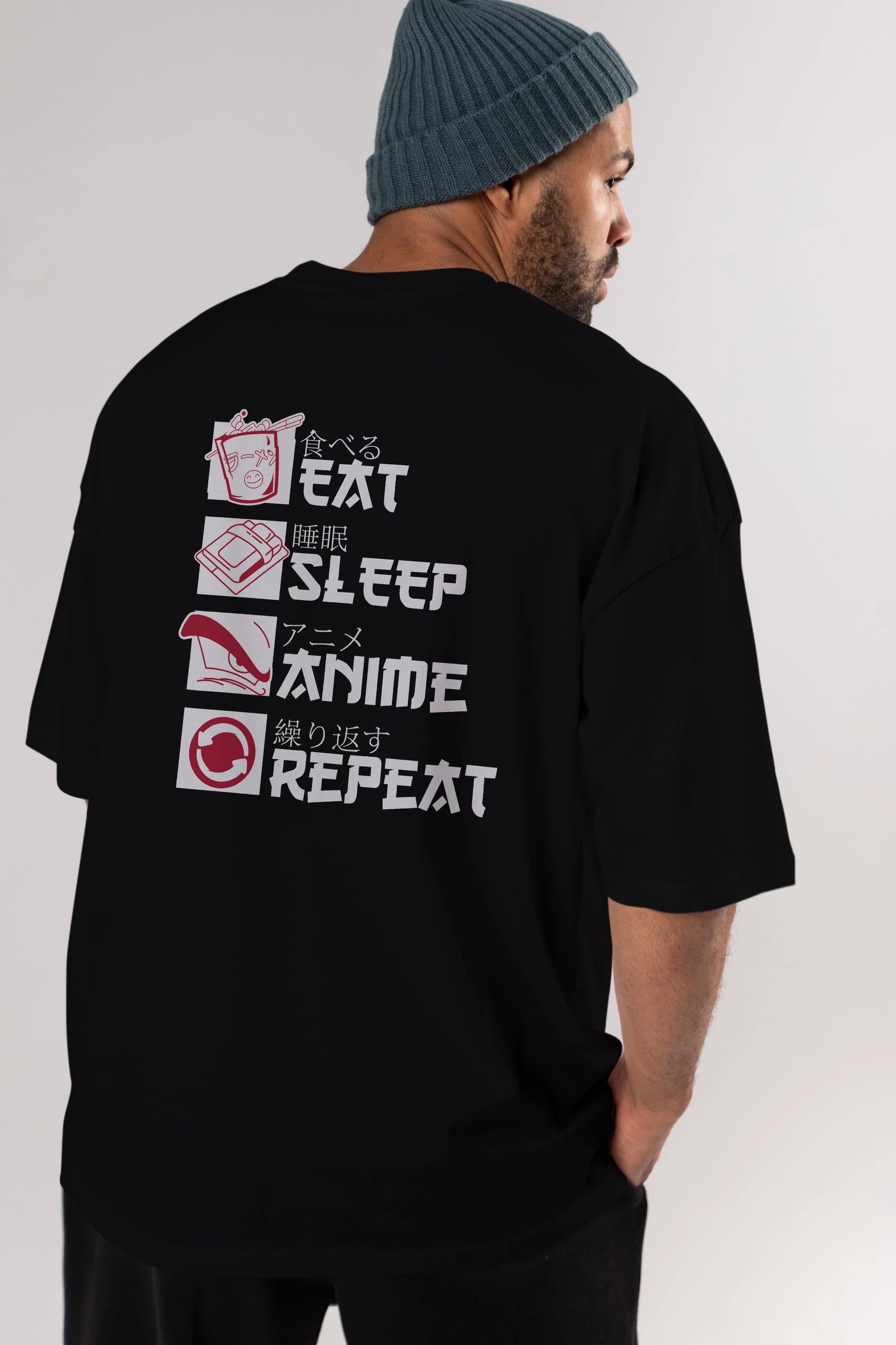 Eat, Sleep, Anime, Repeat Anime Arka Baskılı Oversize t-shirt Erkek Kadın Unisex