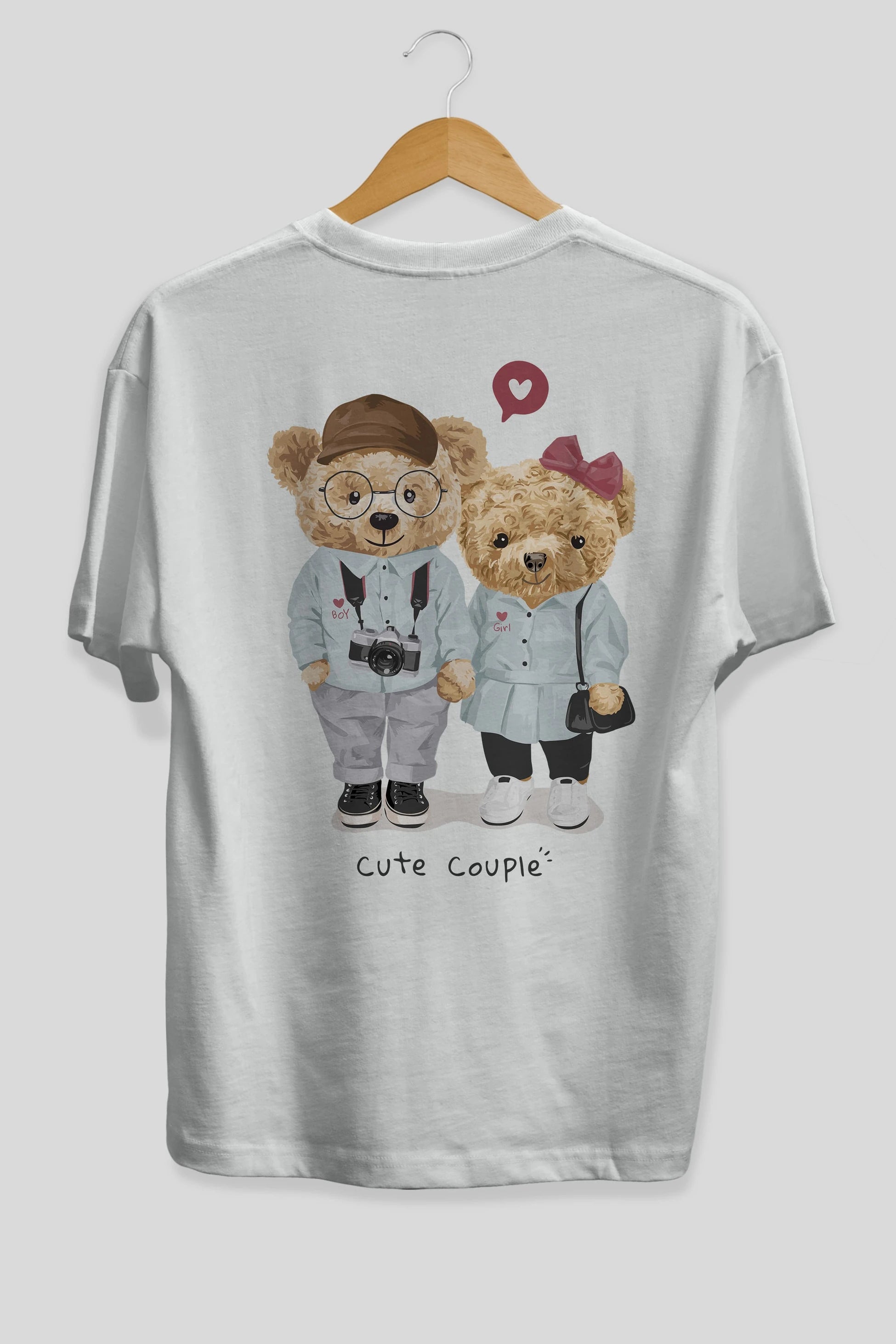 Teddy Bear Cute Couple Arka Baskılı Oversize t-shirt Erkek Kadın Unisex %100 Pamuk