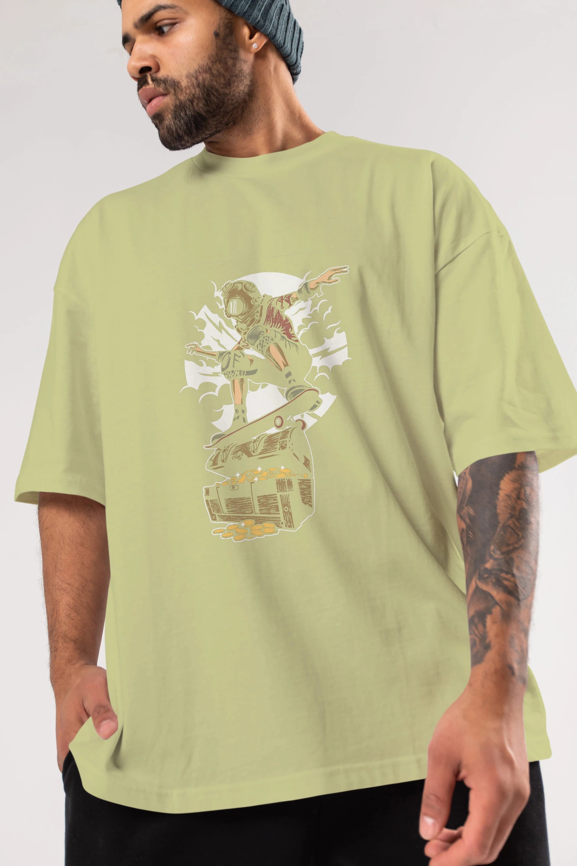 Diver Skater Treasure Ön Baskılı Oversize t-shirt Erkek Kadın Unisex %100 Pamuk tişort