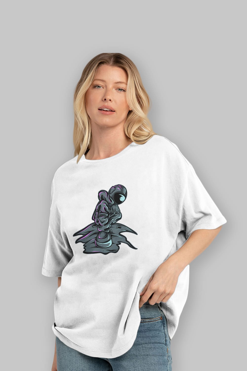 Stylish Astronaut Ön Baskılı Oversize t-shirt Erkek Kadın Unisex