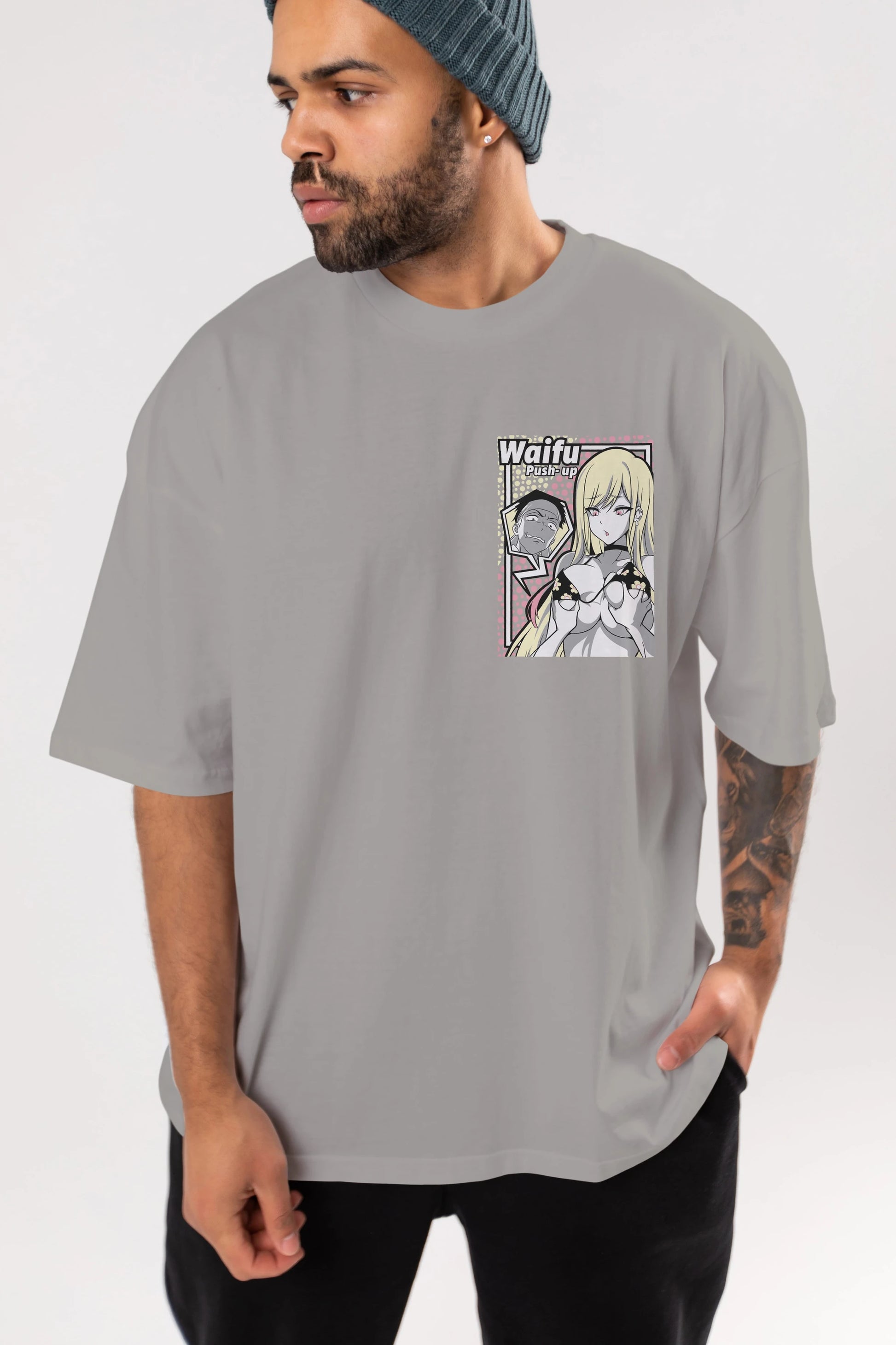 Waifu PushUp Ön Sol Baskılı Oversize t-shirt Erkek Kadın Unisex %100 Pamuk Bisiklet Yaka tişort