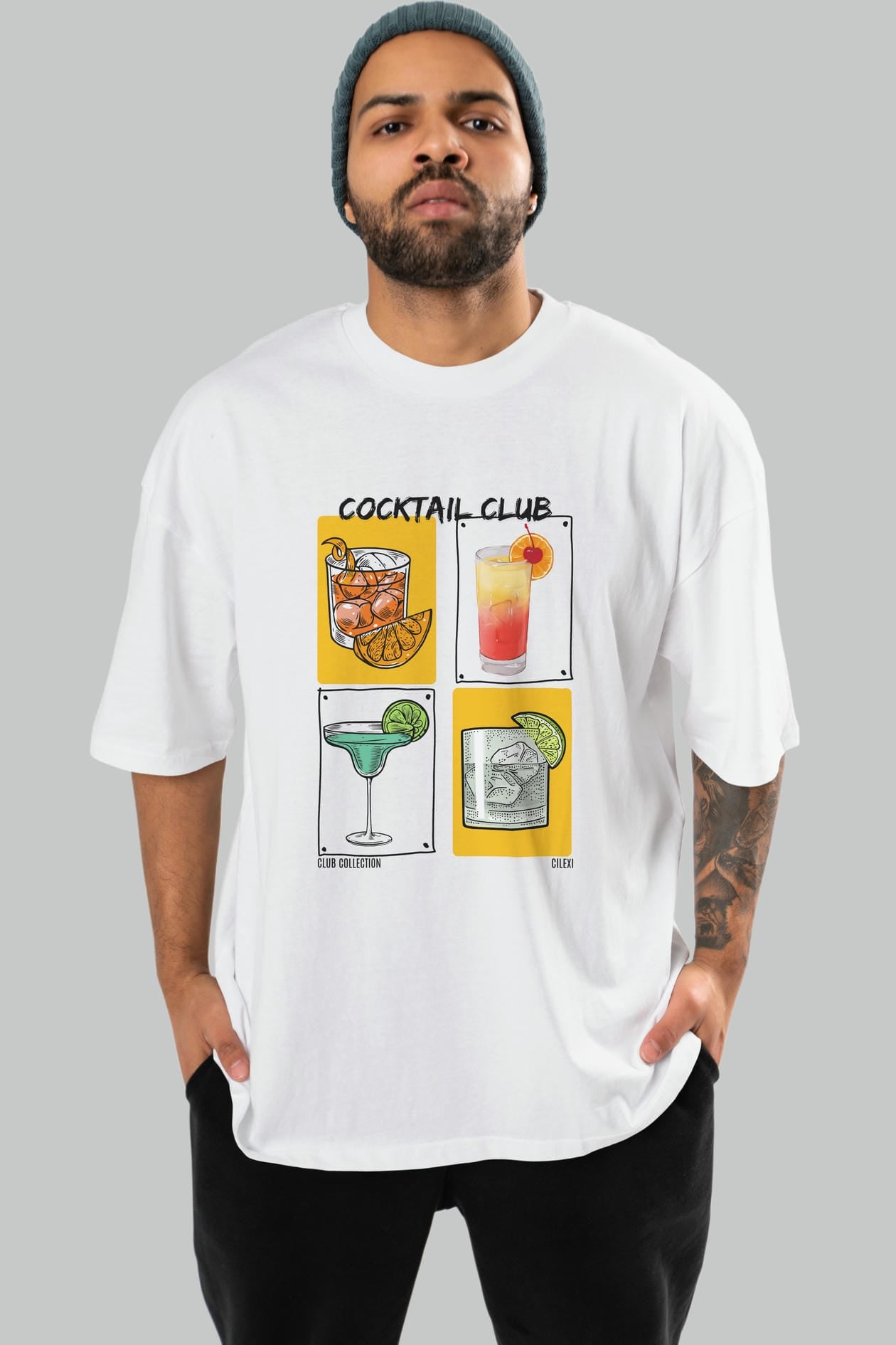 Cocktail Club ön Baskılı Oversize t-shirt Erkek Kadın %100 Pamuk Bisiklet Yaka tişort