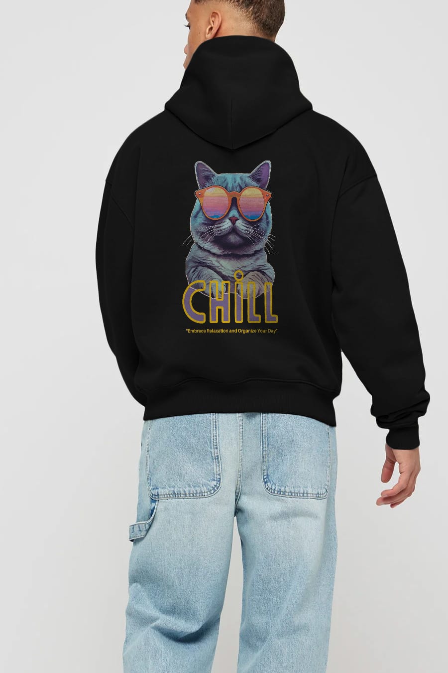 Chill Cat Arka Baskılı Oversize Hoodie Kapüşonlu Sweatshirt Erkek Kadın Unisex