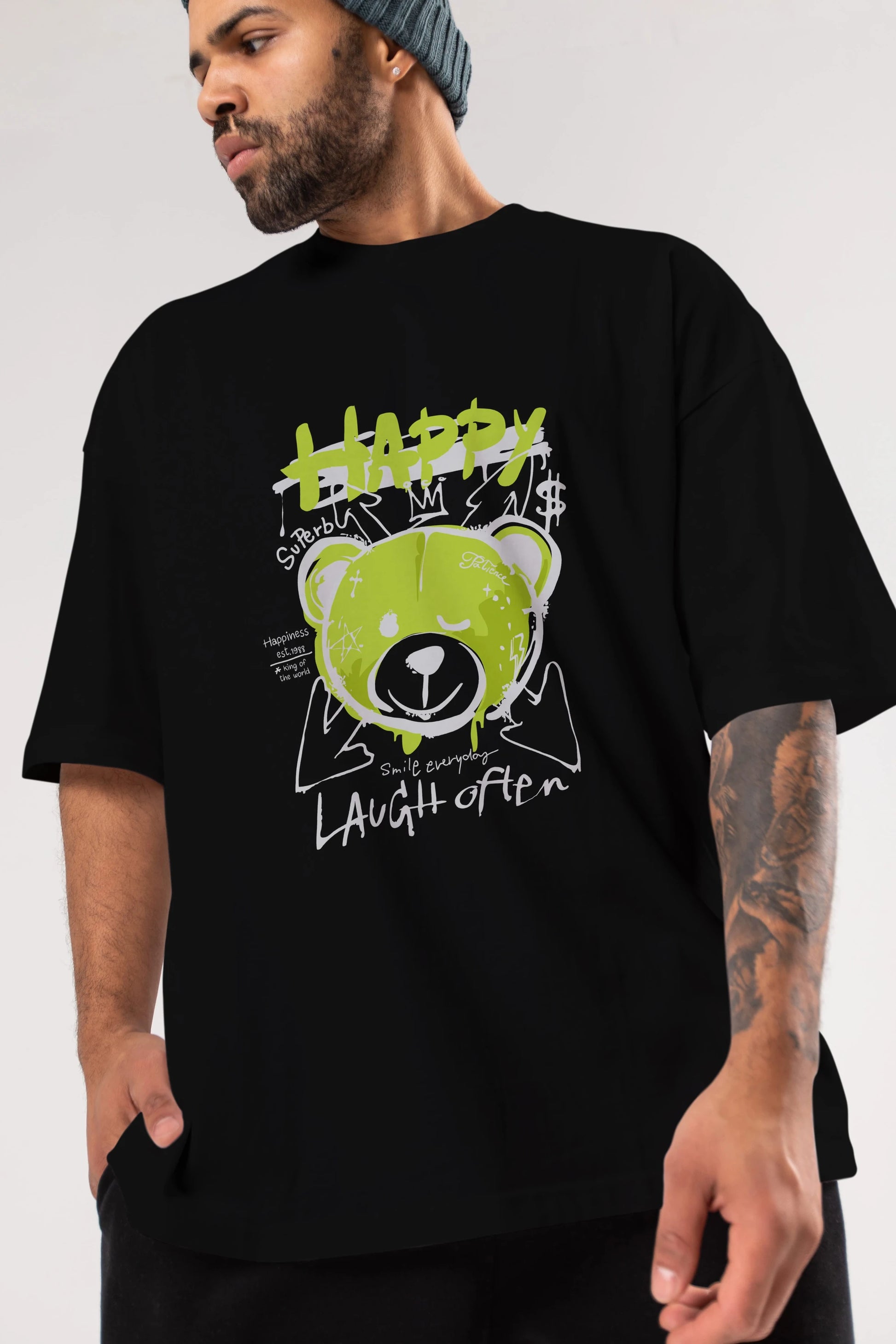 Happy Bear Ön Baskılı Oversize t-shirt Erkek Kadın Unisex