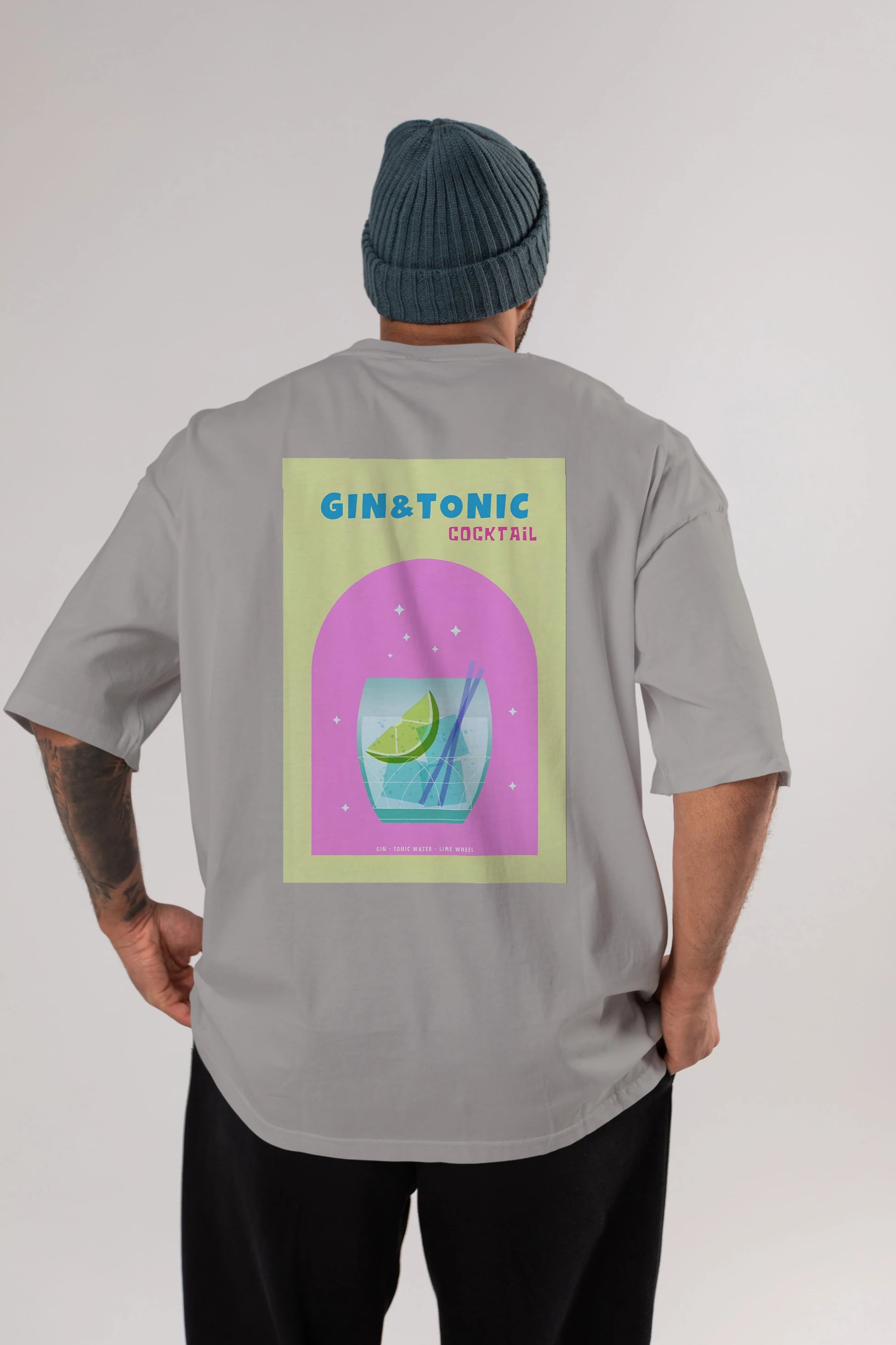 Gin Tonic Cocktail Arka Baskılı Oversize t-shirt Erkek Kadın Unisex %100 Pamuk Bisiklet Yaka tişort
