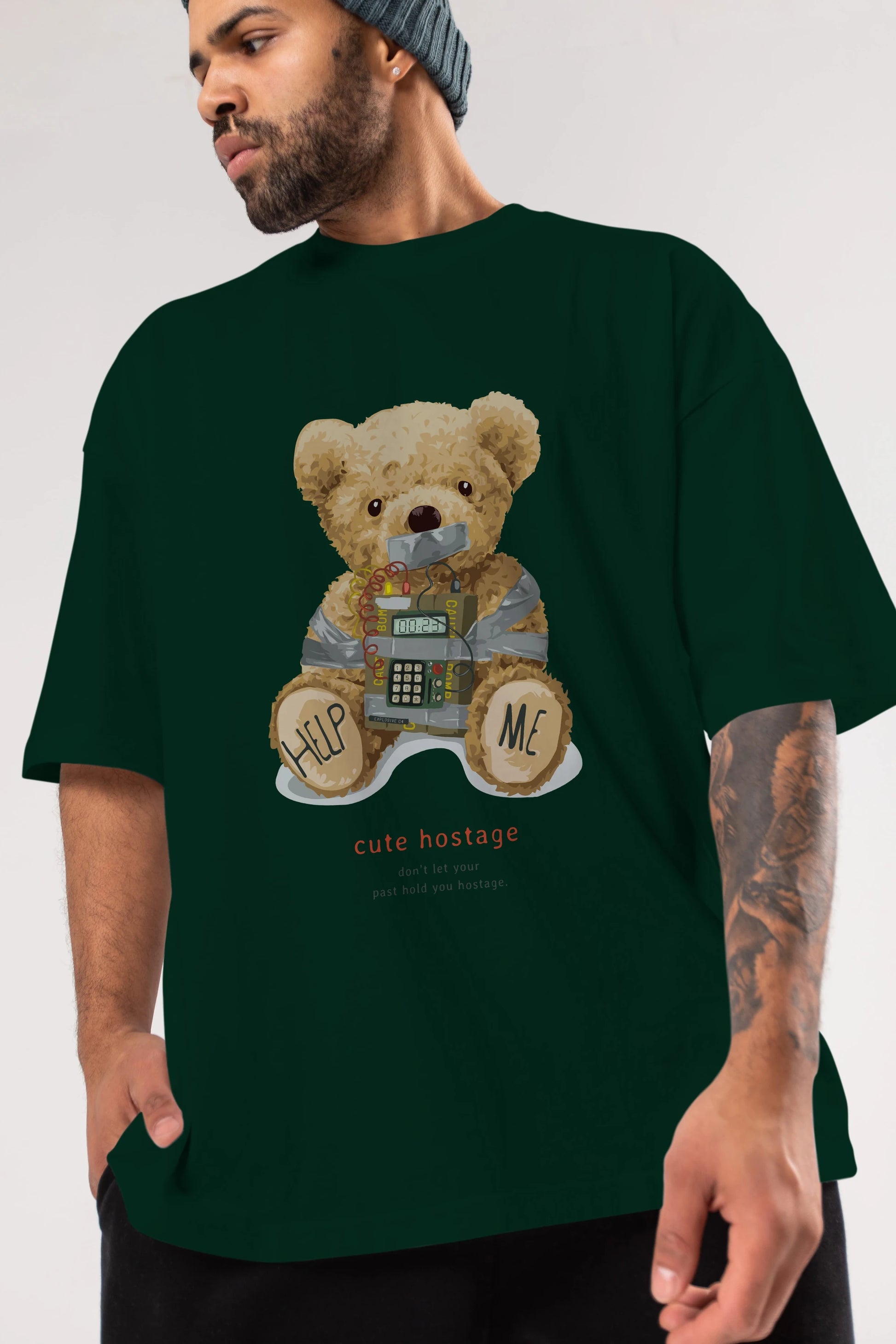 Teddy Bear Help Me Ön Baskılı Oversize t-shirt Erkek Kadın Unisex %100 Pamuk