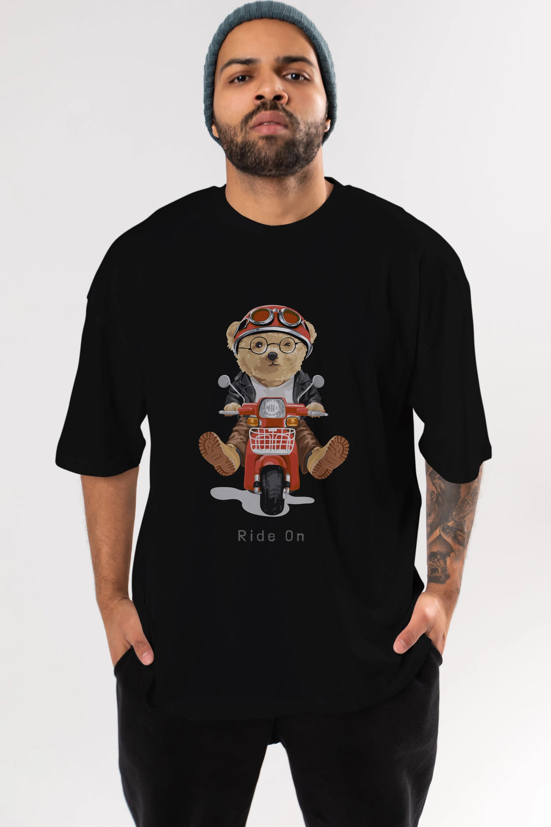 Teddy Bear Ride On Ön Baskılı Oversize t-shirt Erkek Kadın Unisex %100 Pamuk