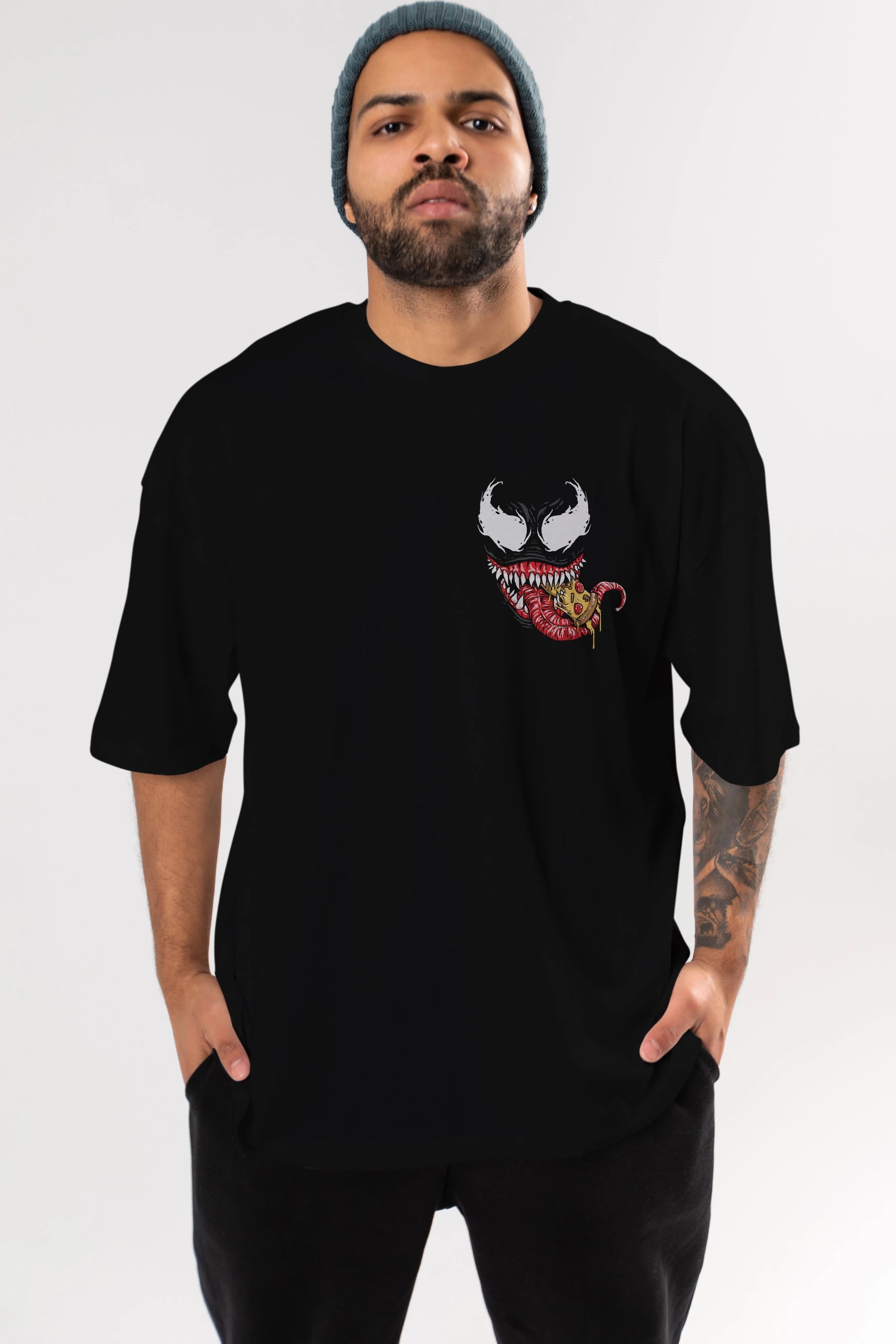 Venom (1) Ön Sol Baskılı Oversize t-shirt Erkek Kadın Unisex %100 Pamuk Bisiklet Yaka tişort