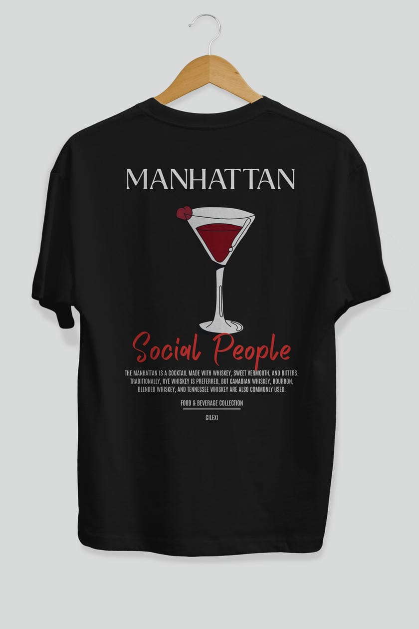 Manhattan Kokteyl Serisi Baskılı Oversize t-shirt Erkek Kadın Unisex %100 Pamuk Bisiklet Yaka tişort