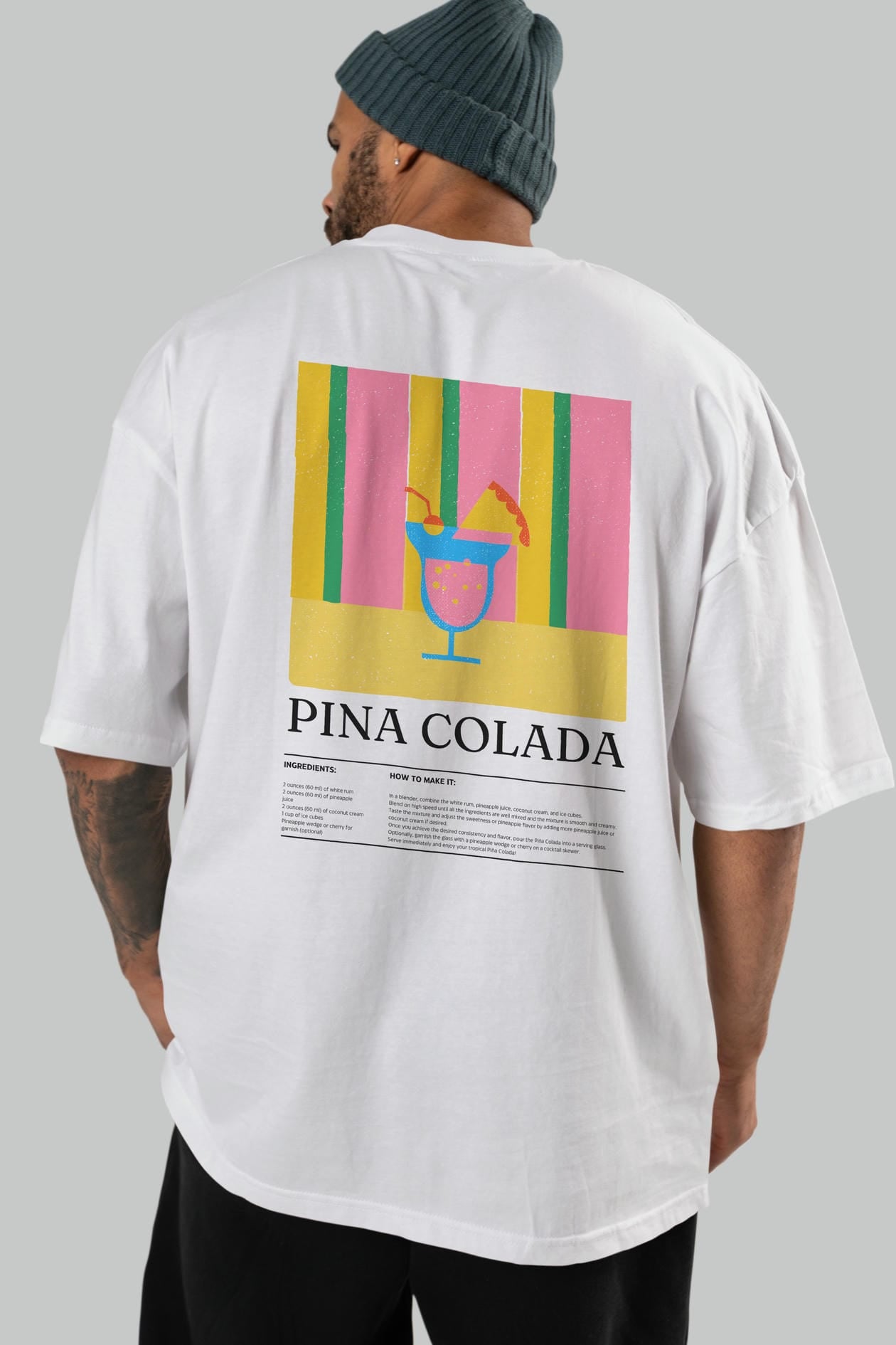 Pina Colada Kokteyl Serisi Arka Baskılı Oversize t-shirt Erkek Kadın %100 Pamuk Bisiklet Yaka tişort