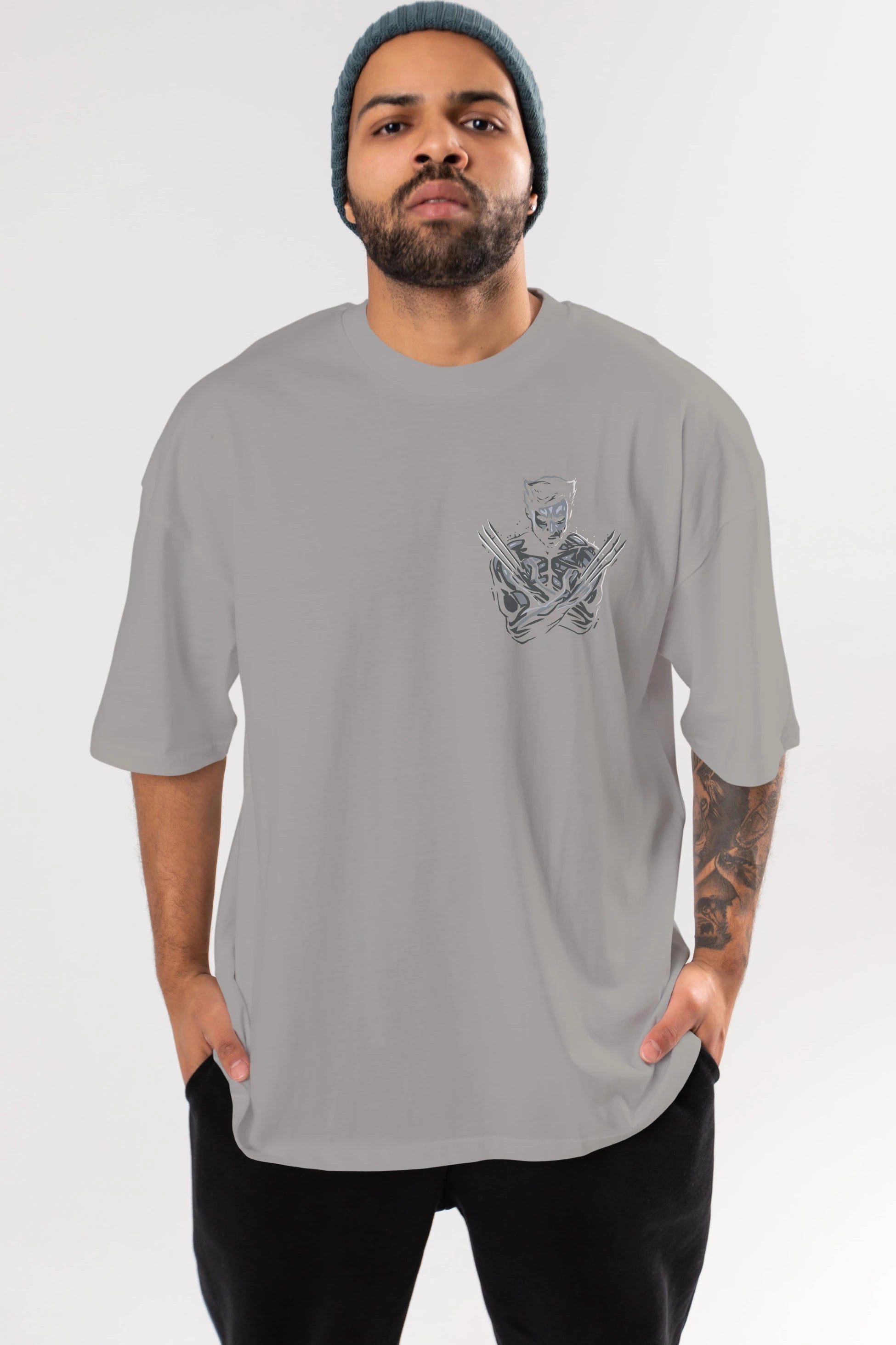 Wolverine Ön Sol Baskılı Oversize t-shirt Erkek Kadın Unisex %100 Pamuk Bisiklet Yaka tişort