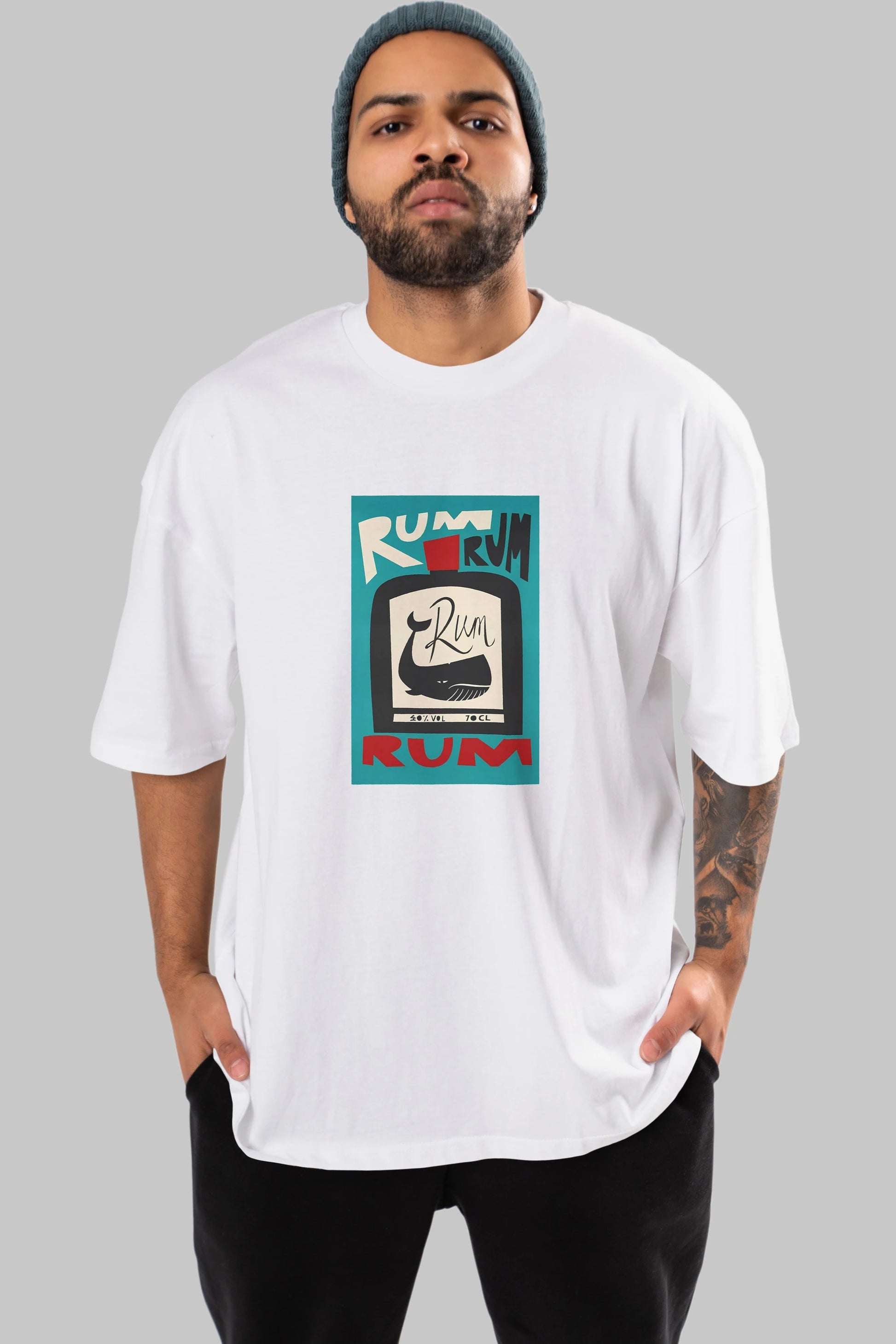 Rum Ön Baskılı Oversize t-shirt Erkek Kadın Unisex %100 Pamuk Bisiklet Yaka tişort
