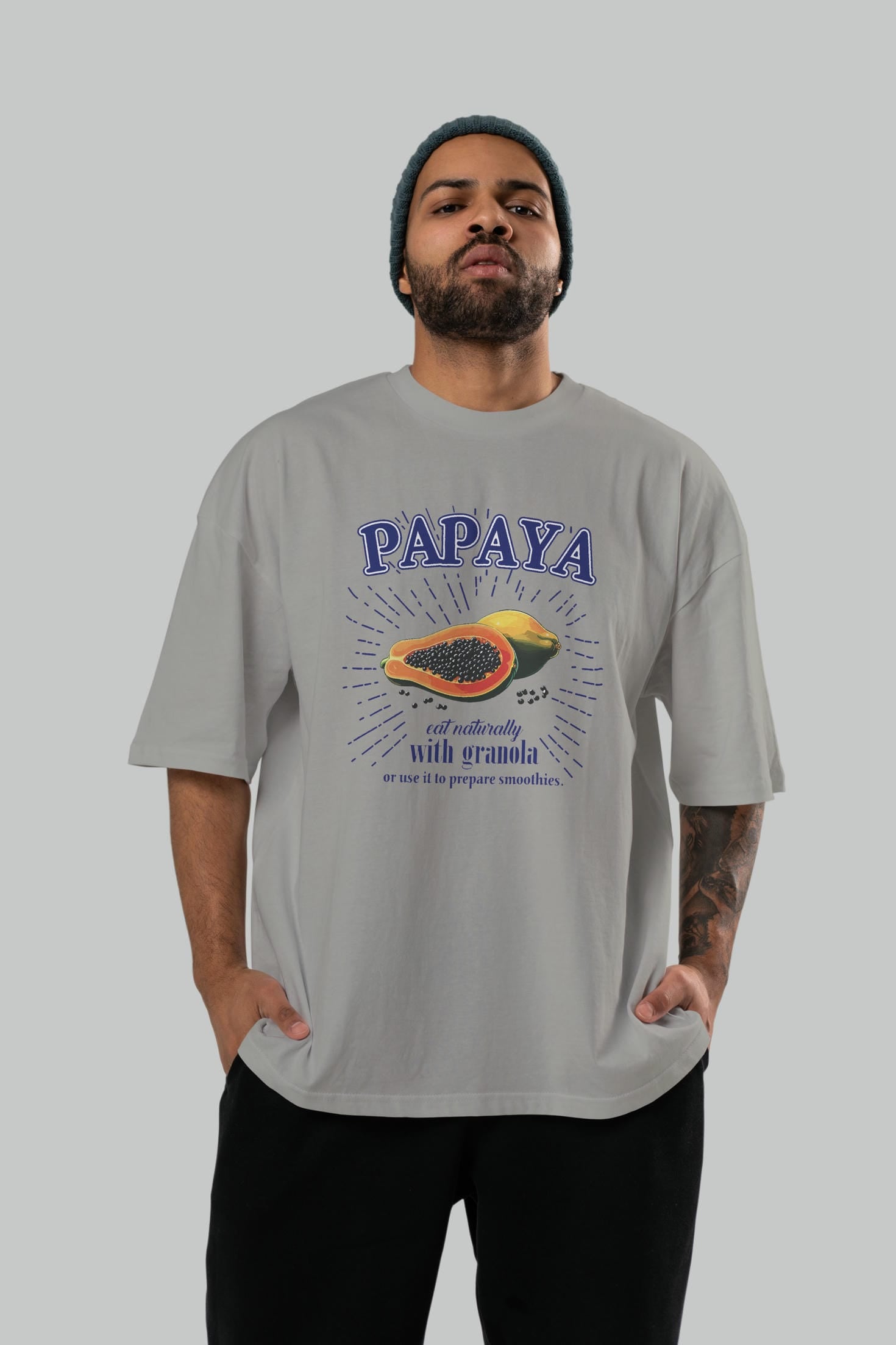 Papaya Ön Baskılı Oversize t-shirt Erkek Kadın Pamuk Bisiklet Yaka tişort