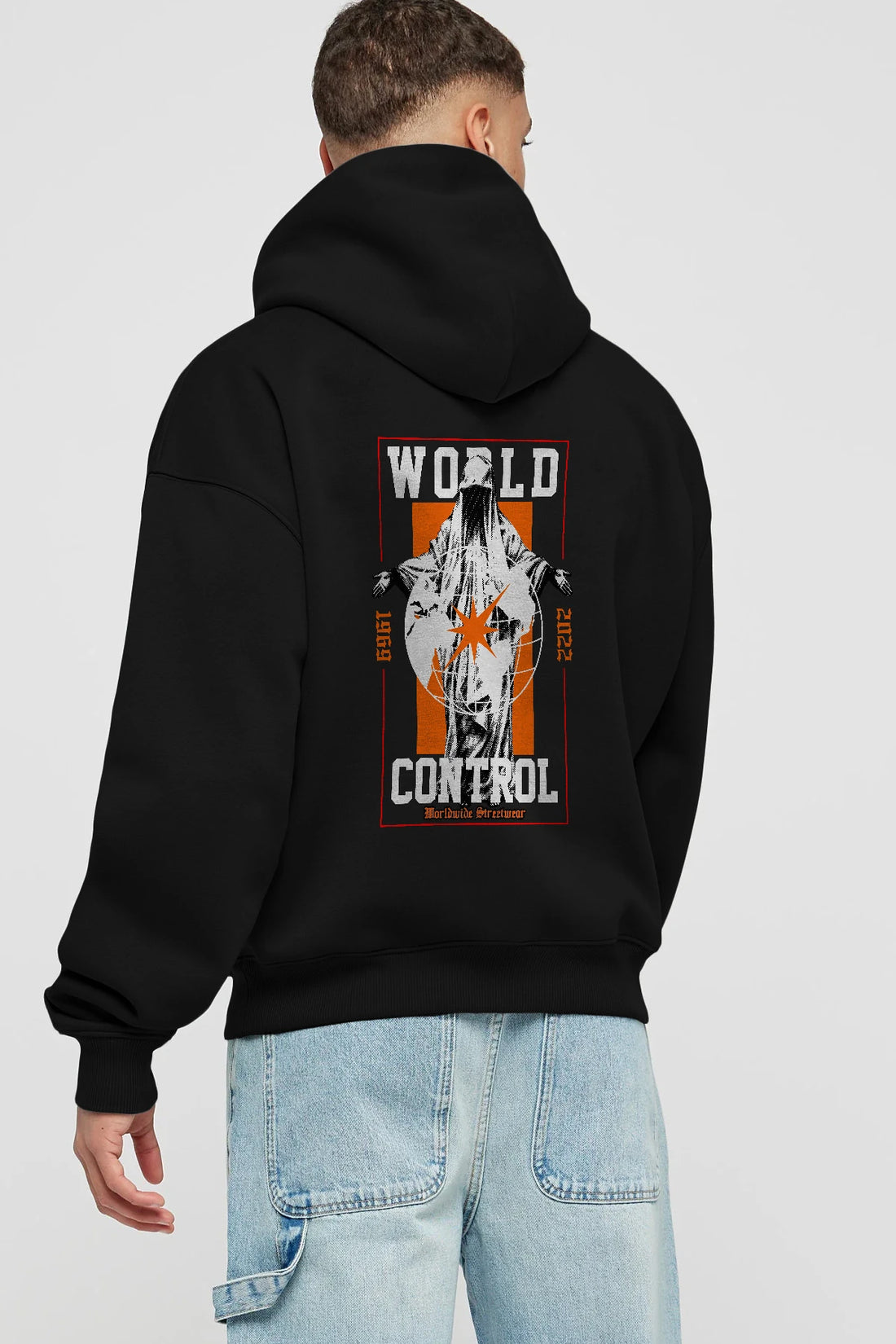 World Control Arka Baskılı Hoodie Oversize Kapüşonlu Sweatshirt Erkek Kadın Unisex