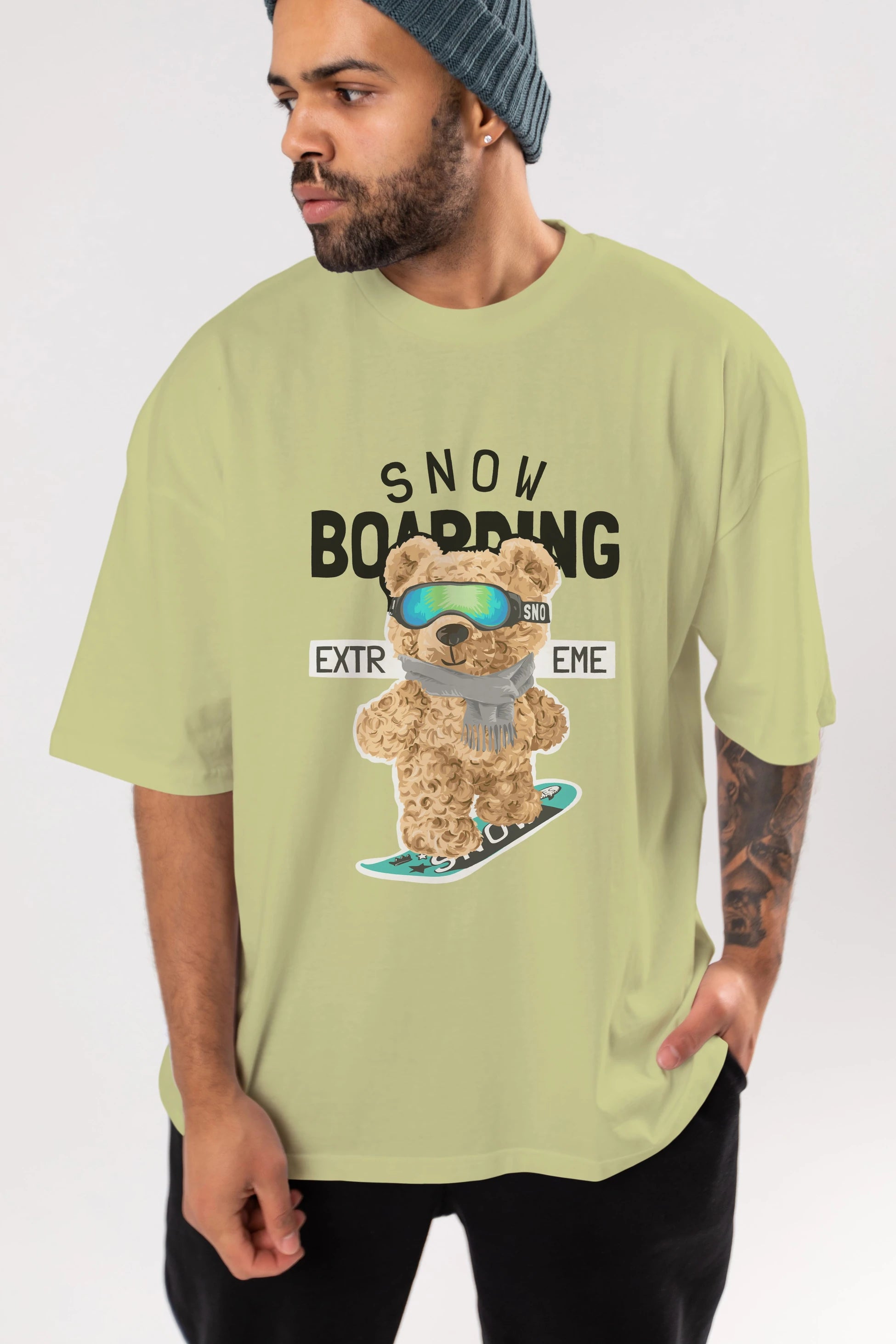 Teddy Bear Snow Boarding Ön Baskılı Oversize t-shirt Erkek Kadın Unisex %100 Pamuk