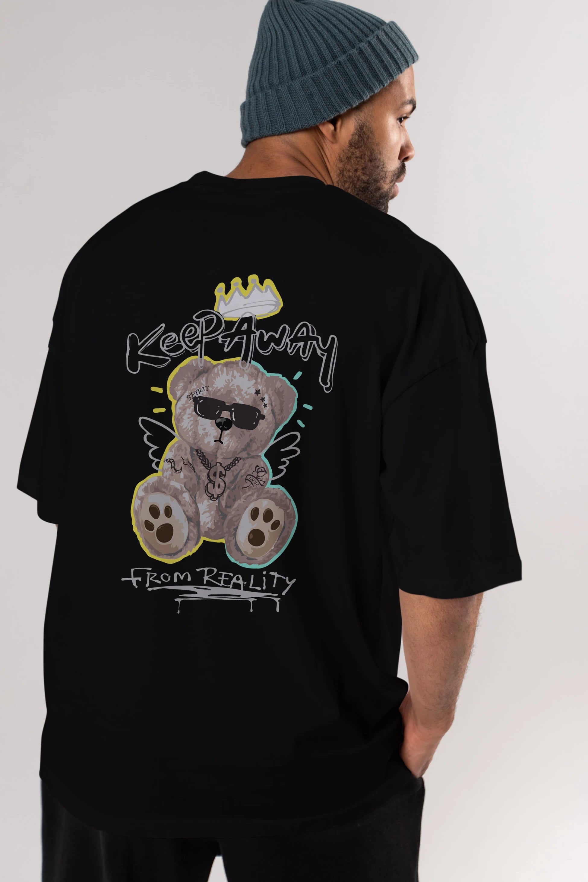Keep Away Bear Arka Baskılı Oversize t-shirt Erkek Kadın Unisex