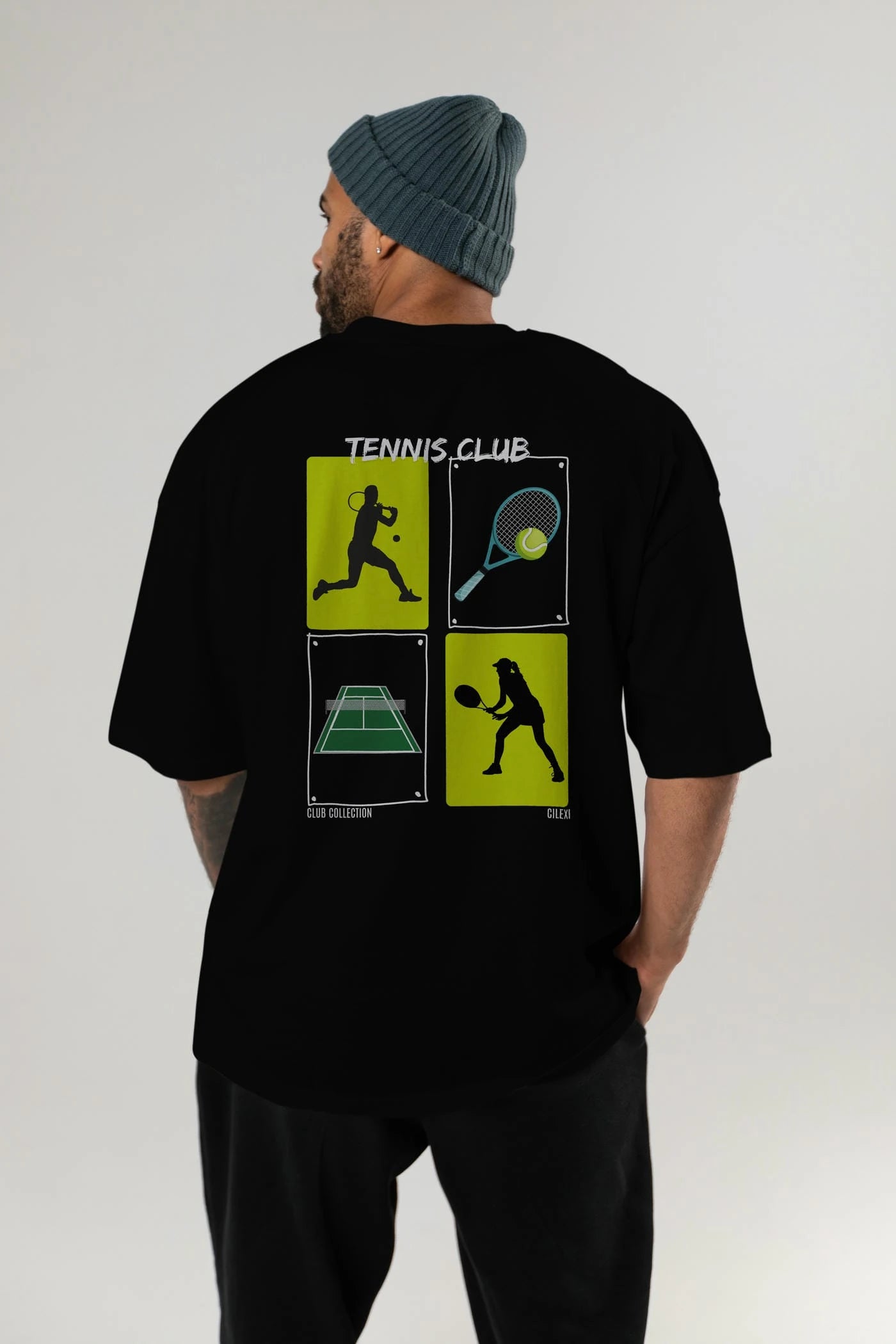 Tennis Club Arka Baskılı Oversize t-shirt Erkek Kadın %100 Pamuk Bisiklet Yaka tişort