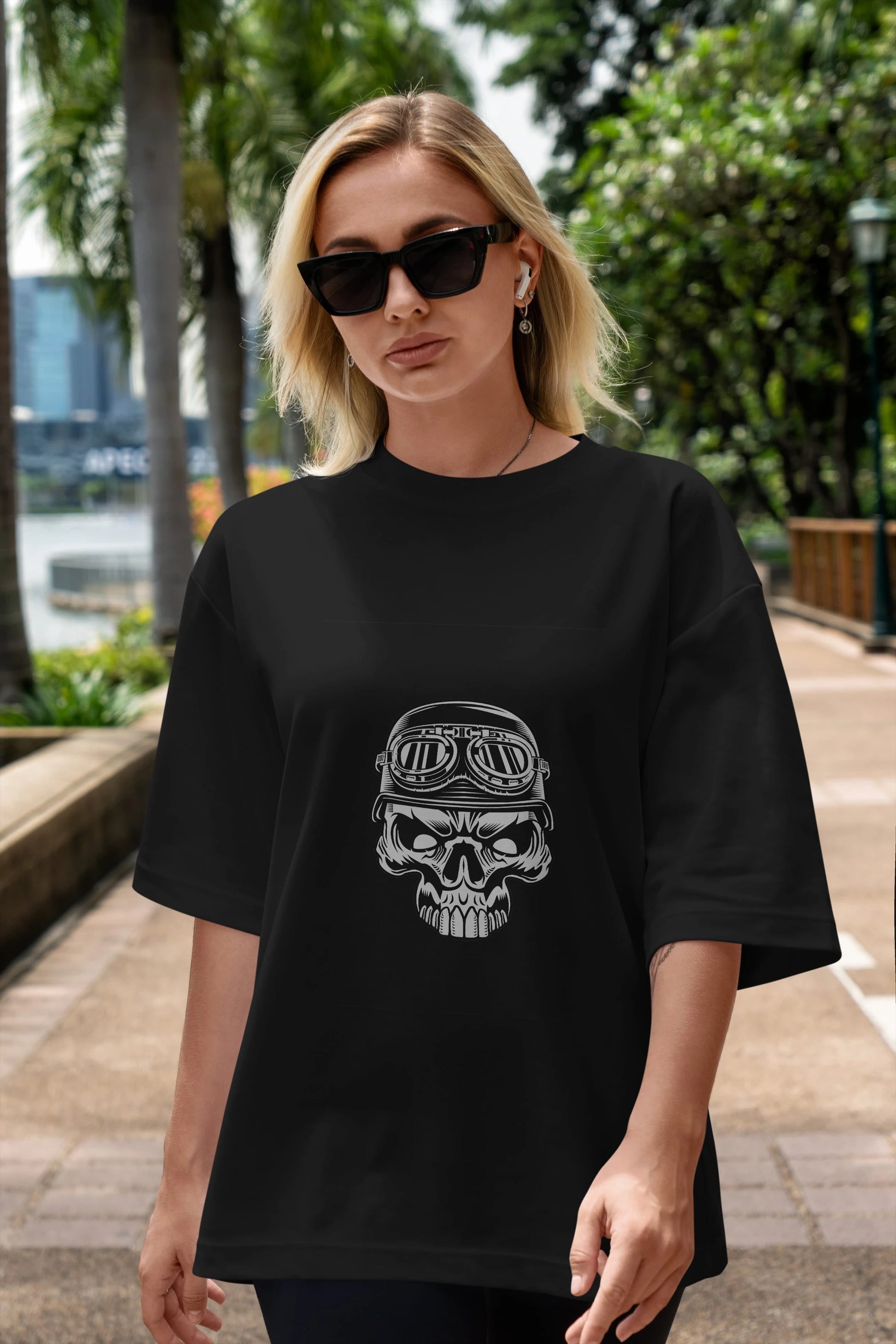 Biker Skull Helmet Ön Baskılı Oversize t-shirt Erkek Kadın Unisex %100 Pamuk tişort