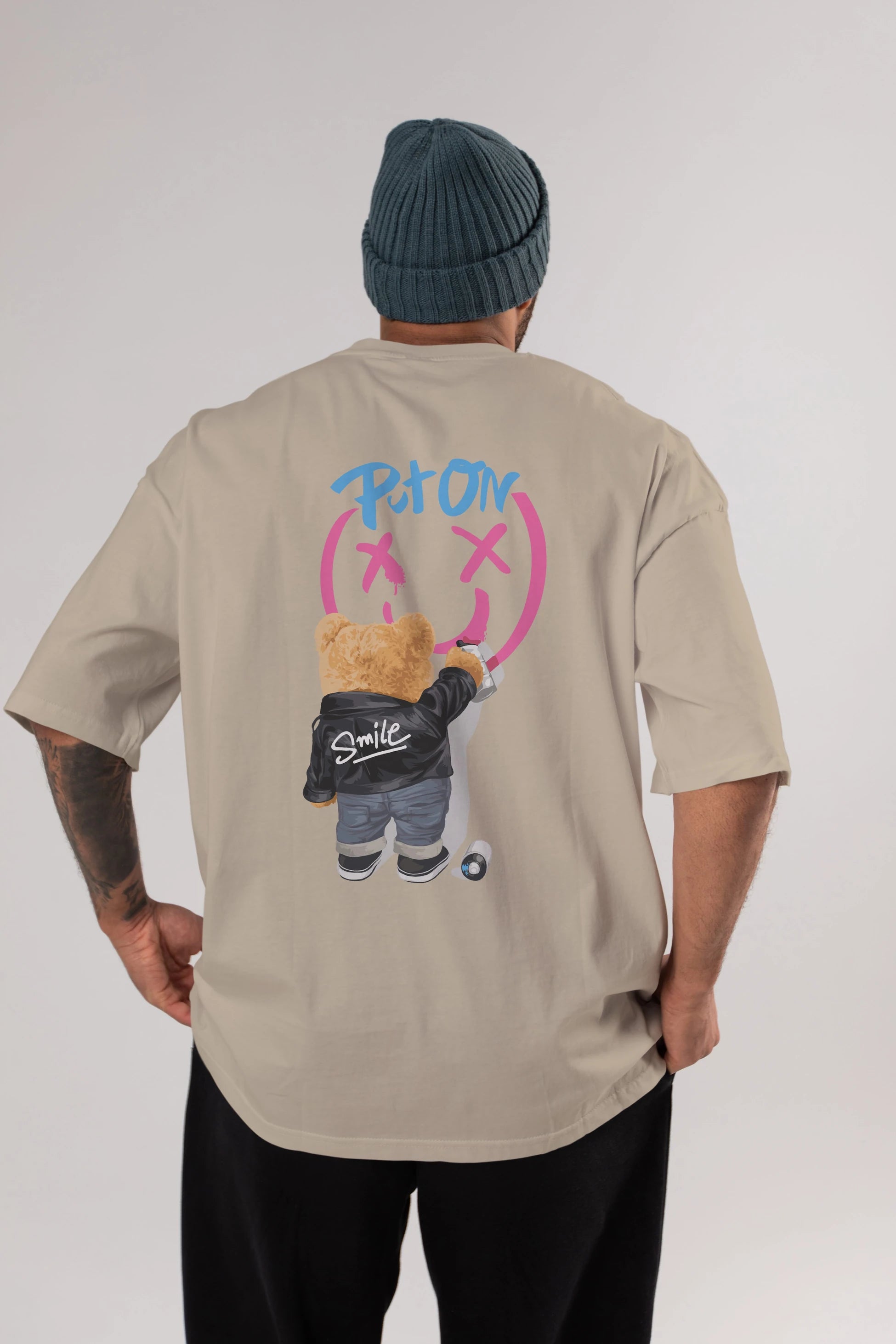 Put on Smile Bear Arka Baskılı Oversize t-shirt Erkek Kadın Unisex