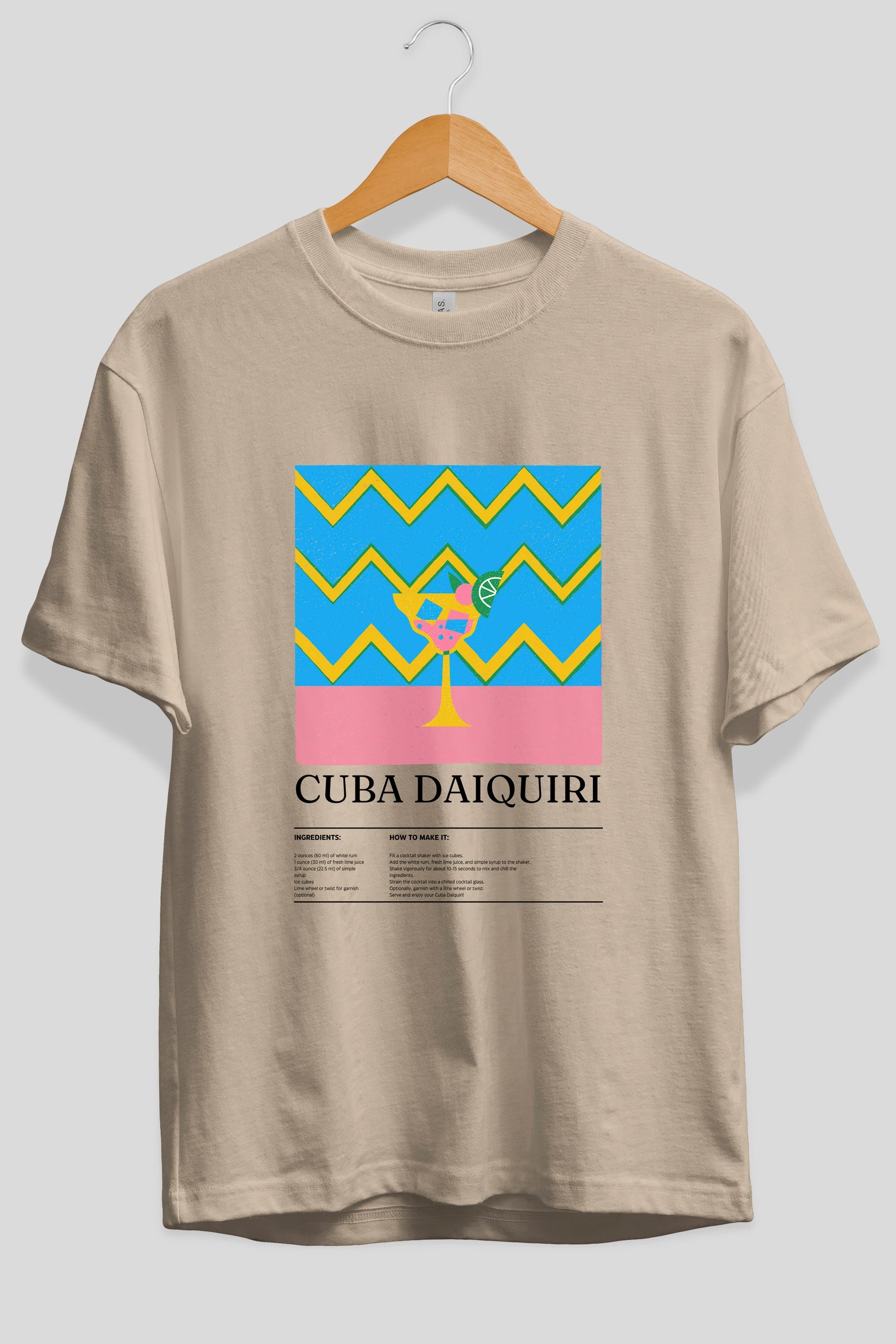 Cuba Daiquiri Kokteyl Ön Baskılı Oversize t-shirt Erkek Kadın %100 Pamuk Bisiklet Yaka tişort