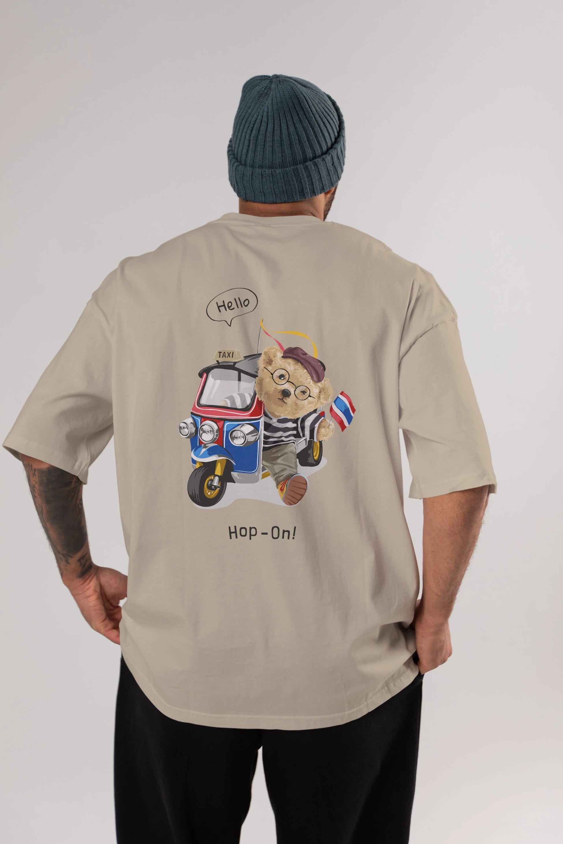 Teddy Bear Hop-On Arka Baskılı Oversize t-shirt Erkek Kadın Unisex %100 Pamuk