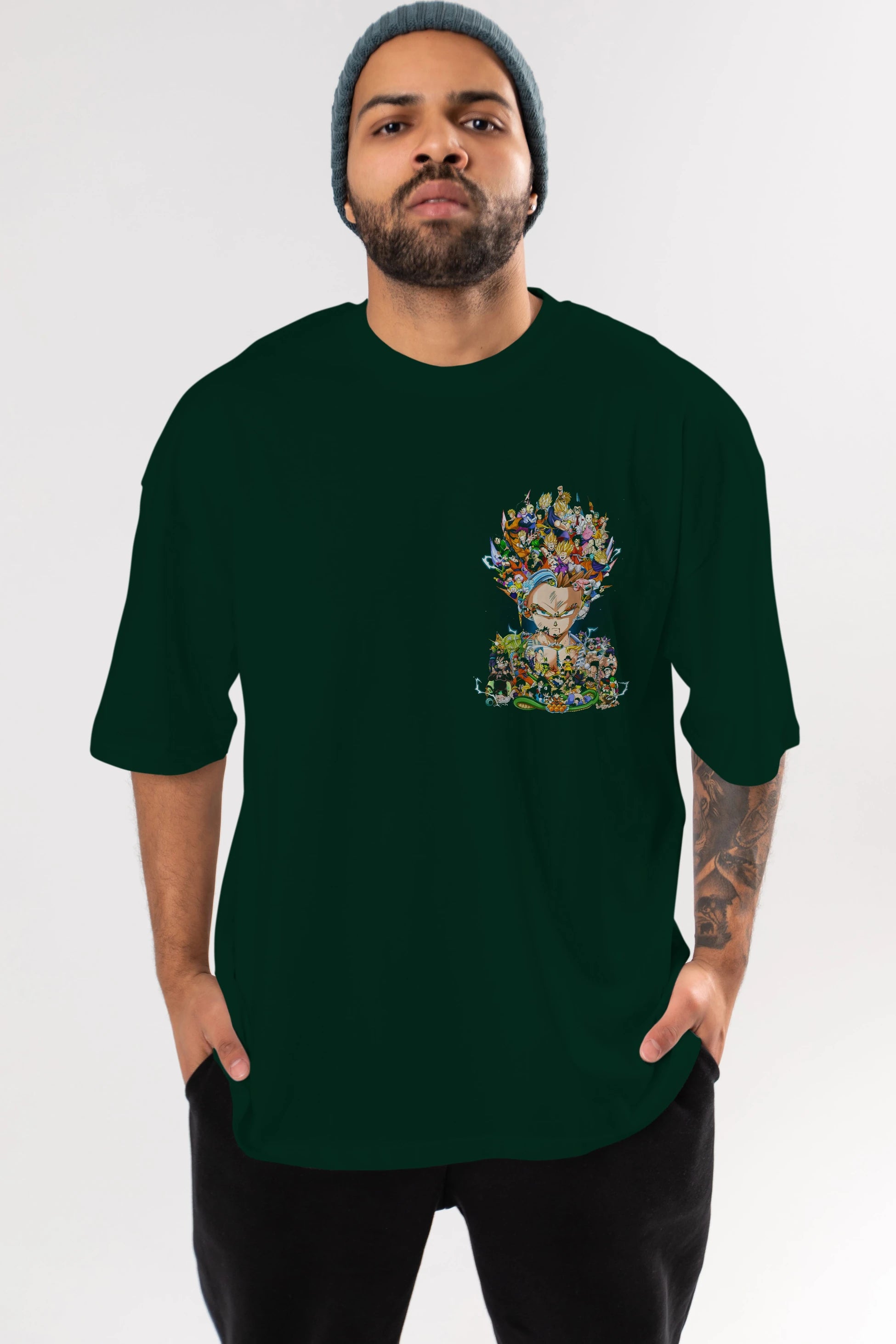 DRAGON BALL ART (2) Ön Sol Baskılı Oversize t-shirt Erkek Kadın Unisex %100 Pamuk Bisiklet Yaka tişort