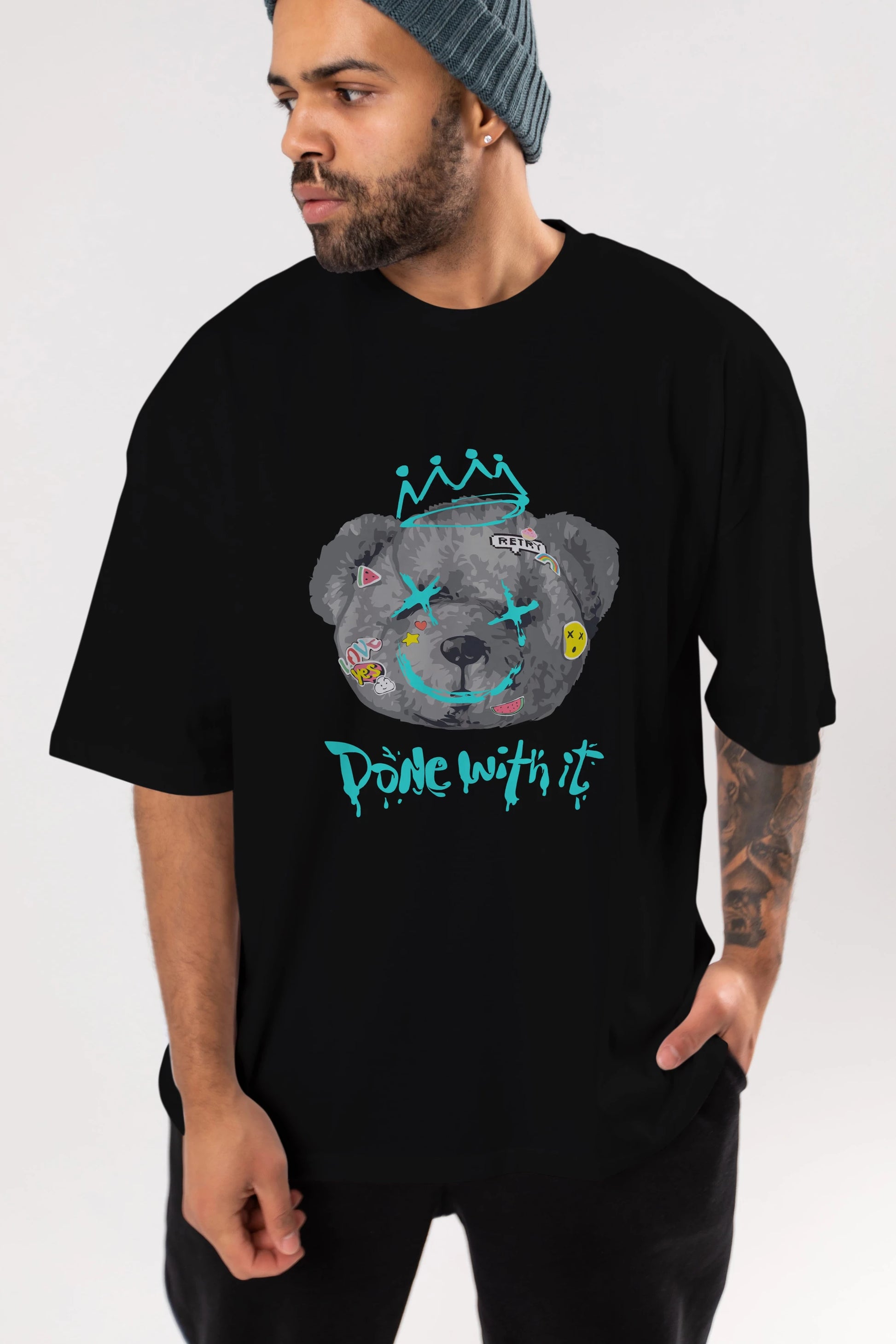 Done With it Bear Ön Baskılı Oversize t-shirt Erkek Kadın Unisex