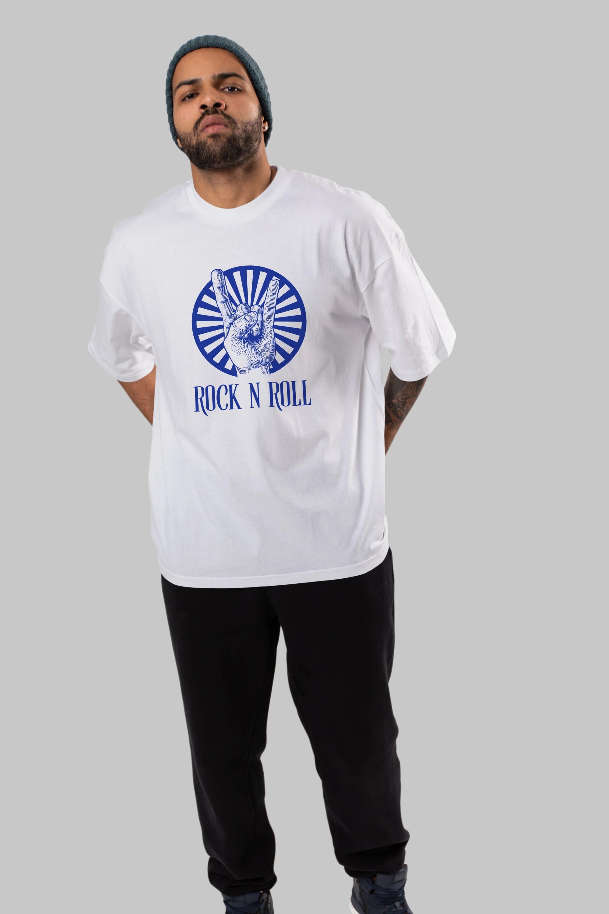 Rock N Roll Yazılı Ön Baskılı Oversize t-shirt Erkek Kadın Unisex