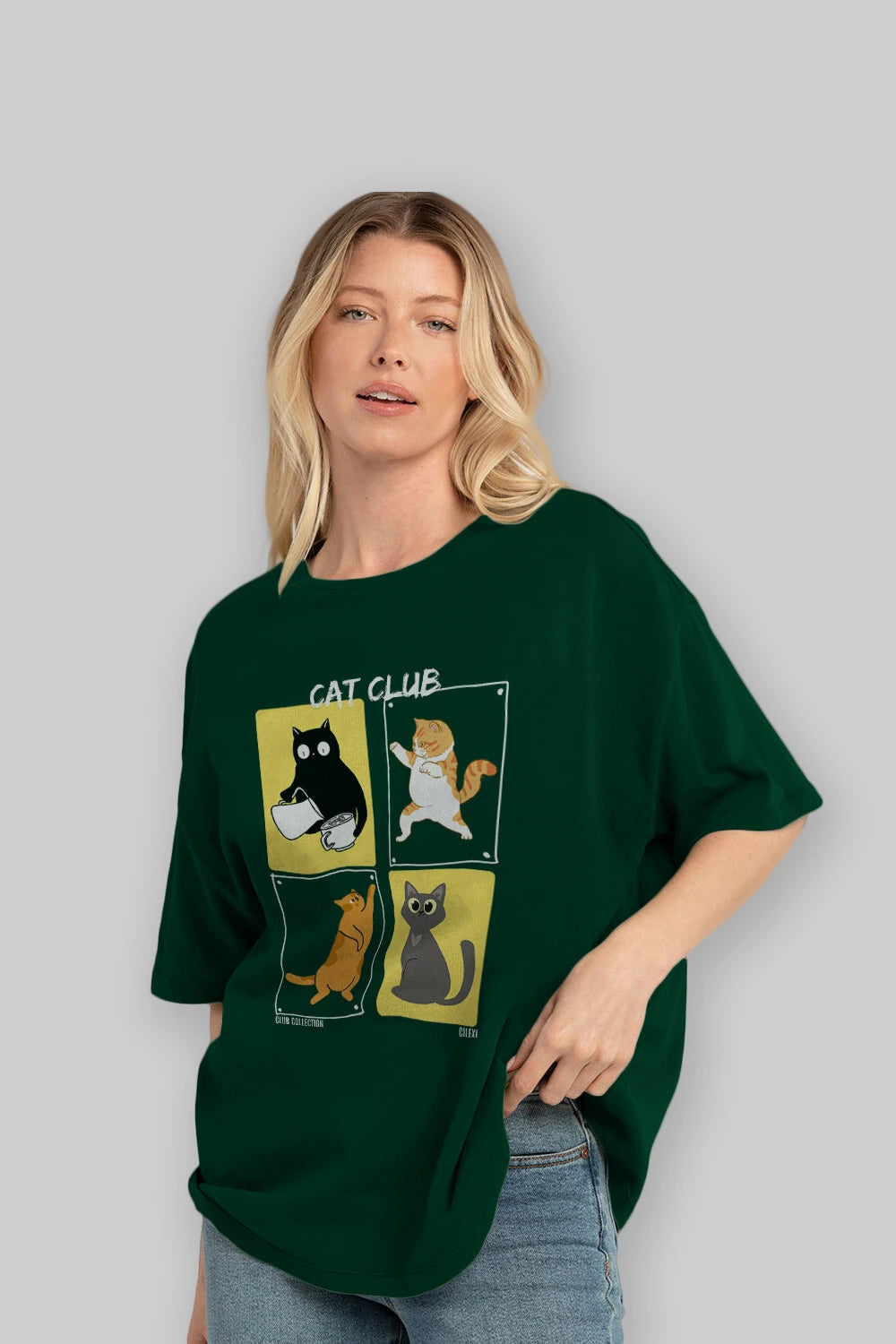 Cat Club ön Baskılı Oversize t-shirt Erkek Kadın %100 Pamuk Bisiklet Yaka tişort