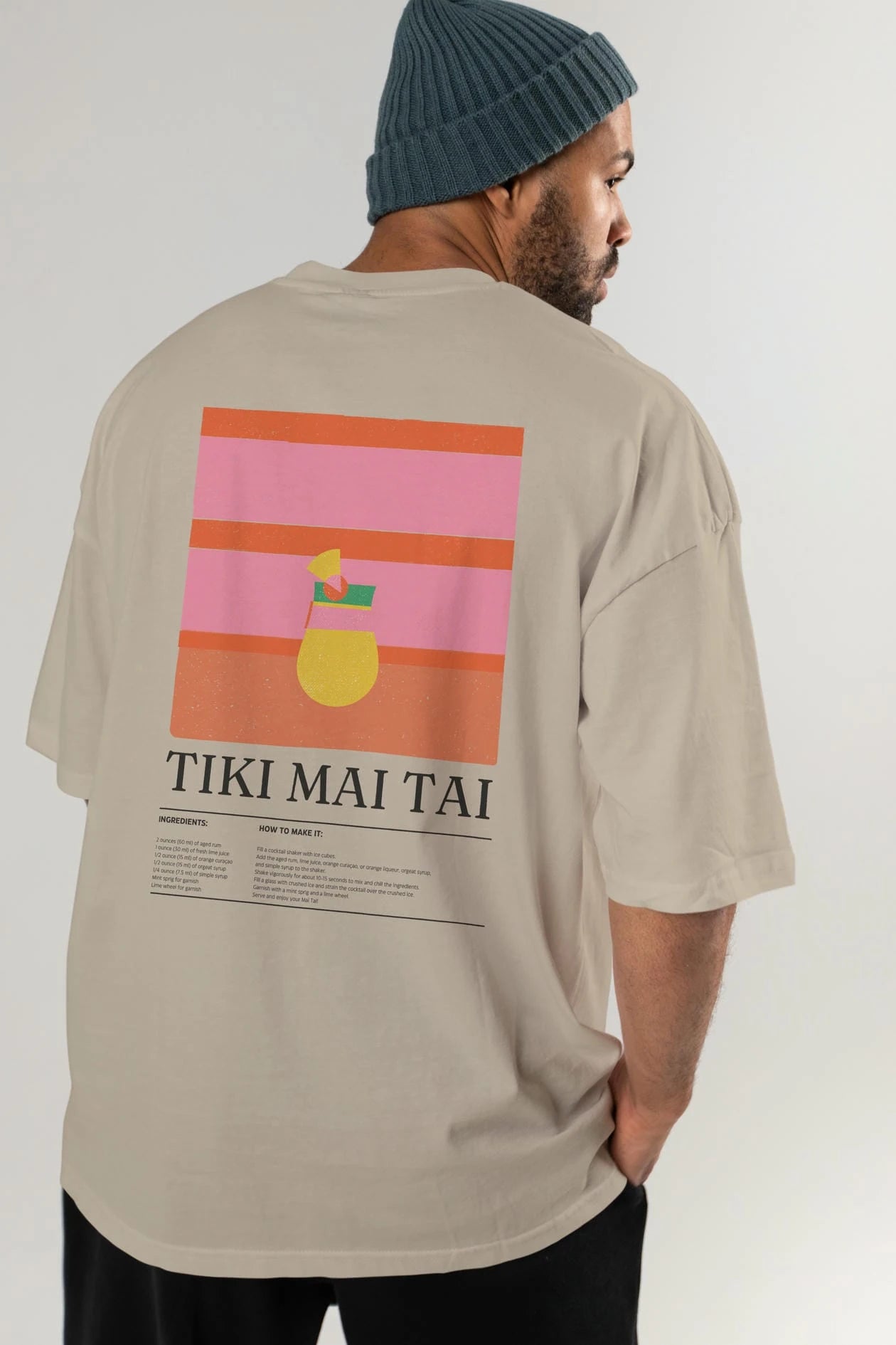 Tiki Mai Tai Kokteyl Serisi Arka Baskılı Oversize t-shirt Erkek Kadın %100 Pamuk Bisiklet Yaka tişort