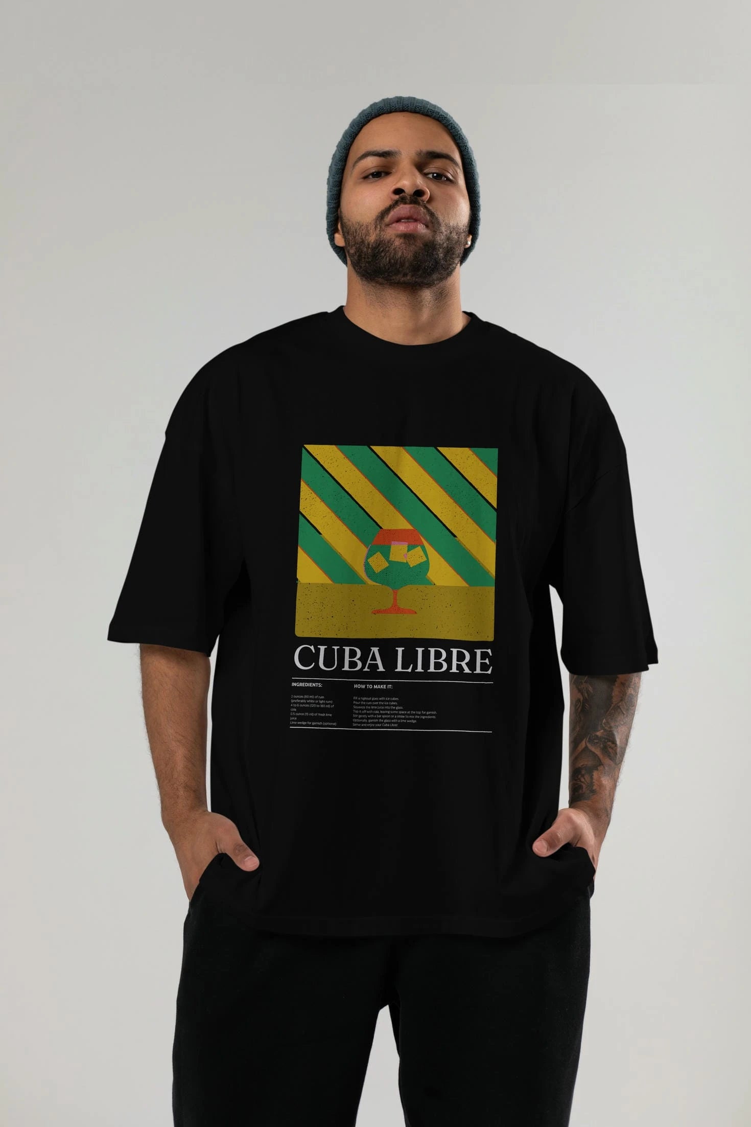 Cuba Libre Kokteyl Ön Baskılı Oversize t-shirt Erkek Kadın %100 Pamuk Bisiklet Yaka tişort