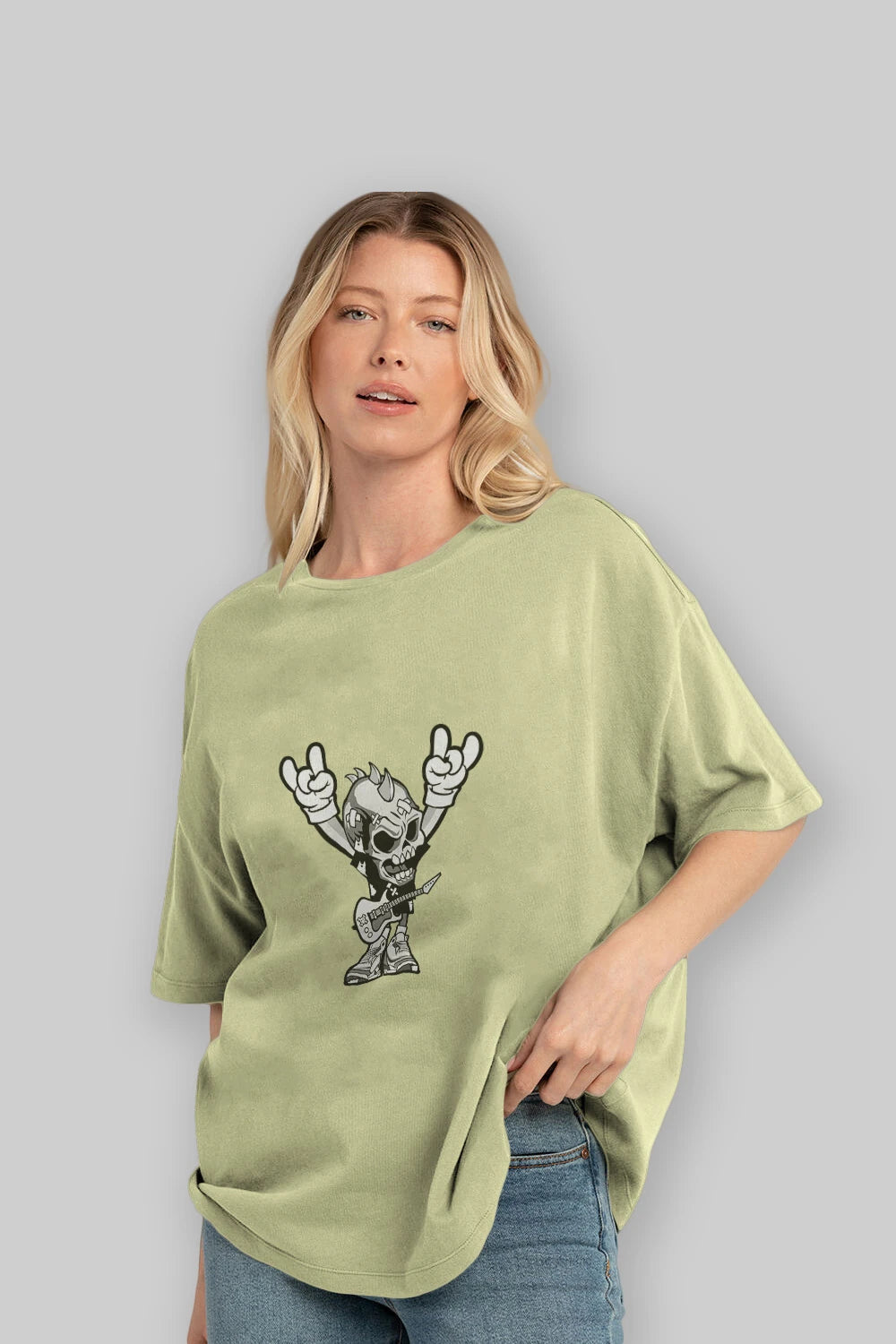 Punk Rock Skull Ön Baskılı Oversize t-shirt Erkek Kadın Unisex %100 Pamuk tişort