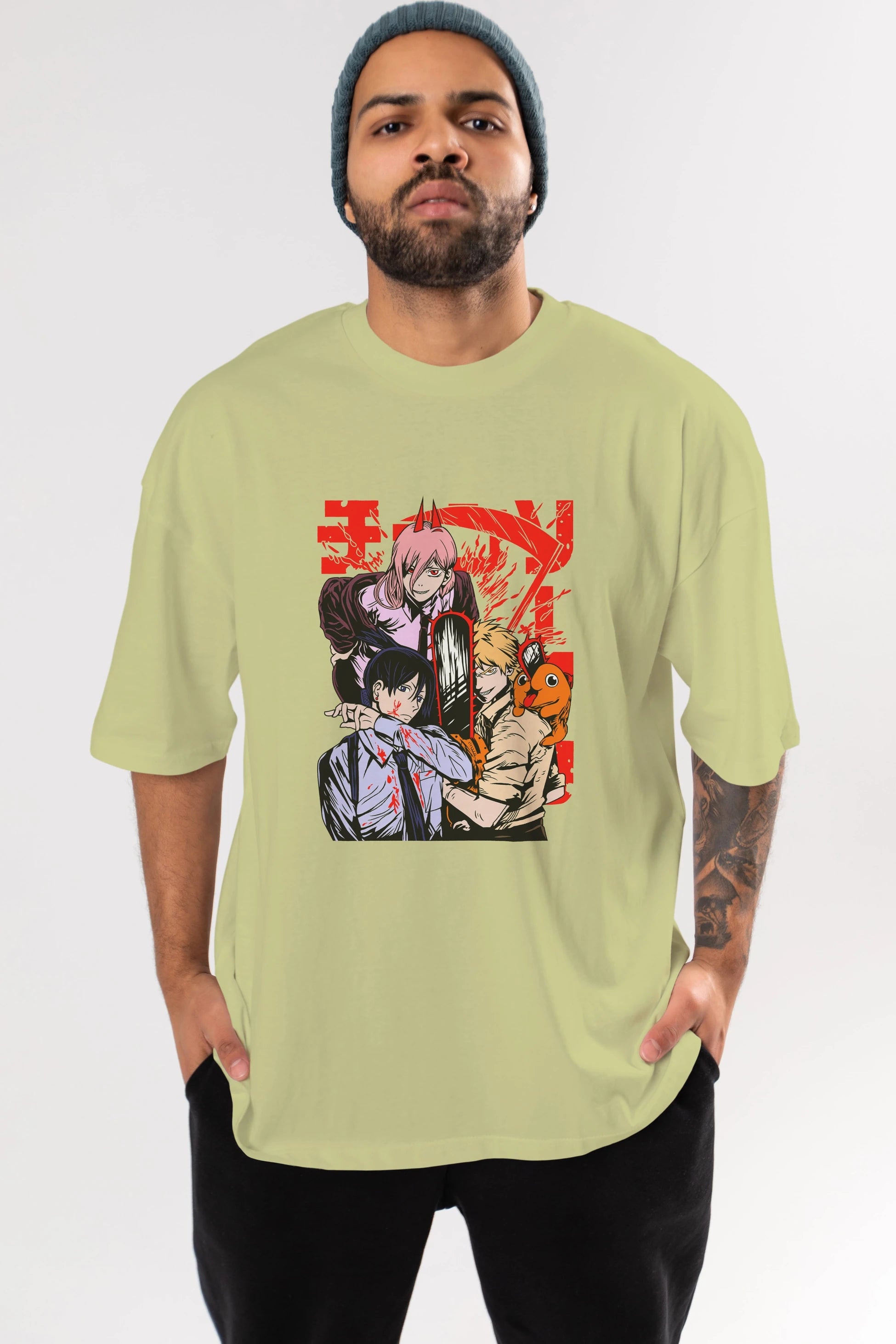 CHAINSAWMAN CREW Anime Ön Baskılı Oversize t-shirt %100 pamuk Erkek Kadın Unisex