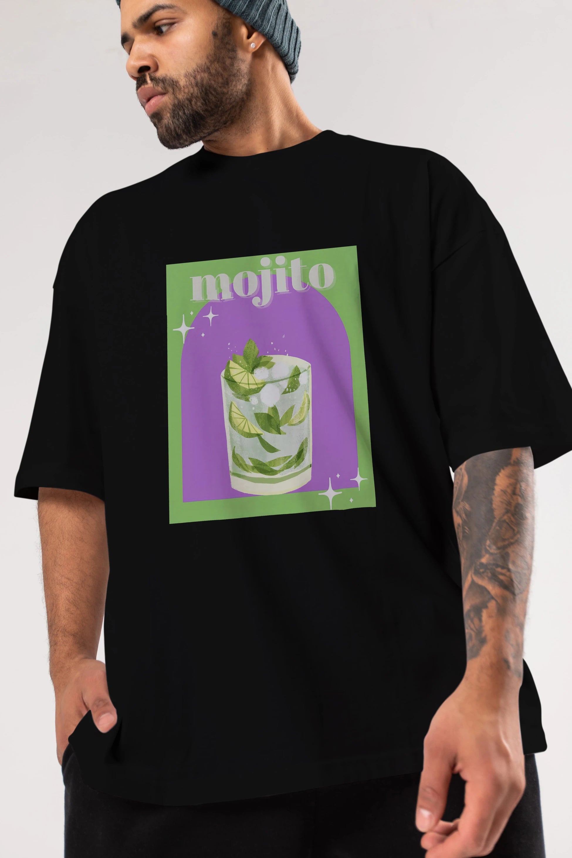 Mojito 3 Ön Baskılı Oversize t-shirt Erkek Kadın Unisex %100 Pamuk Bisiklet Yaka tişort