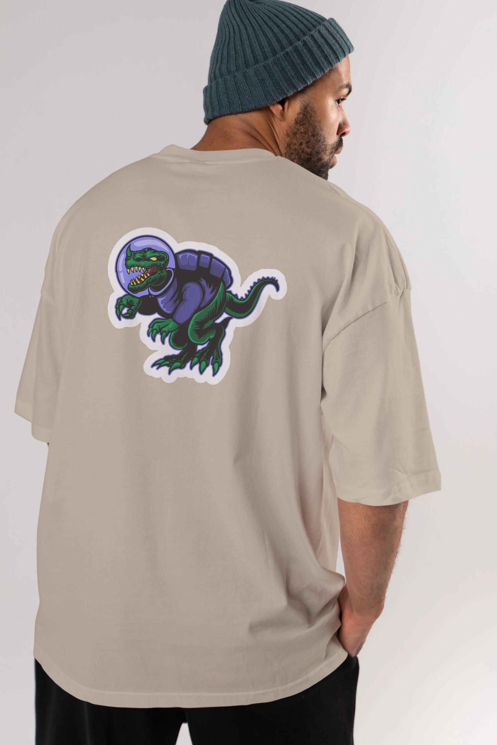 Space Dino Sticker Arka Baskılı Oversize t-shirt Erkek Kadın Unisex