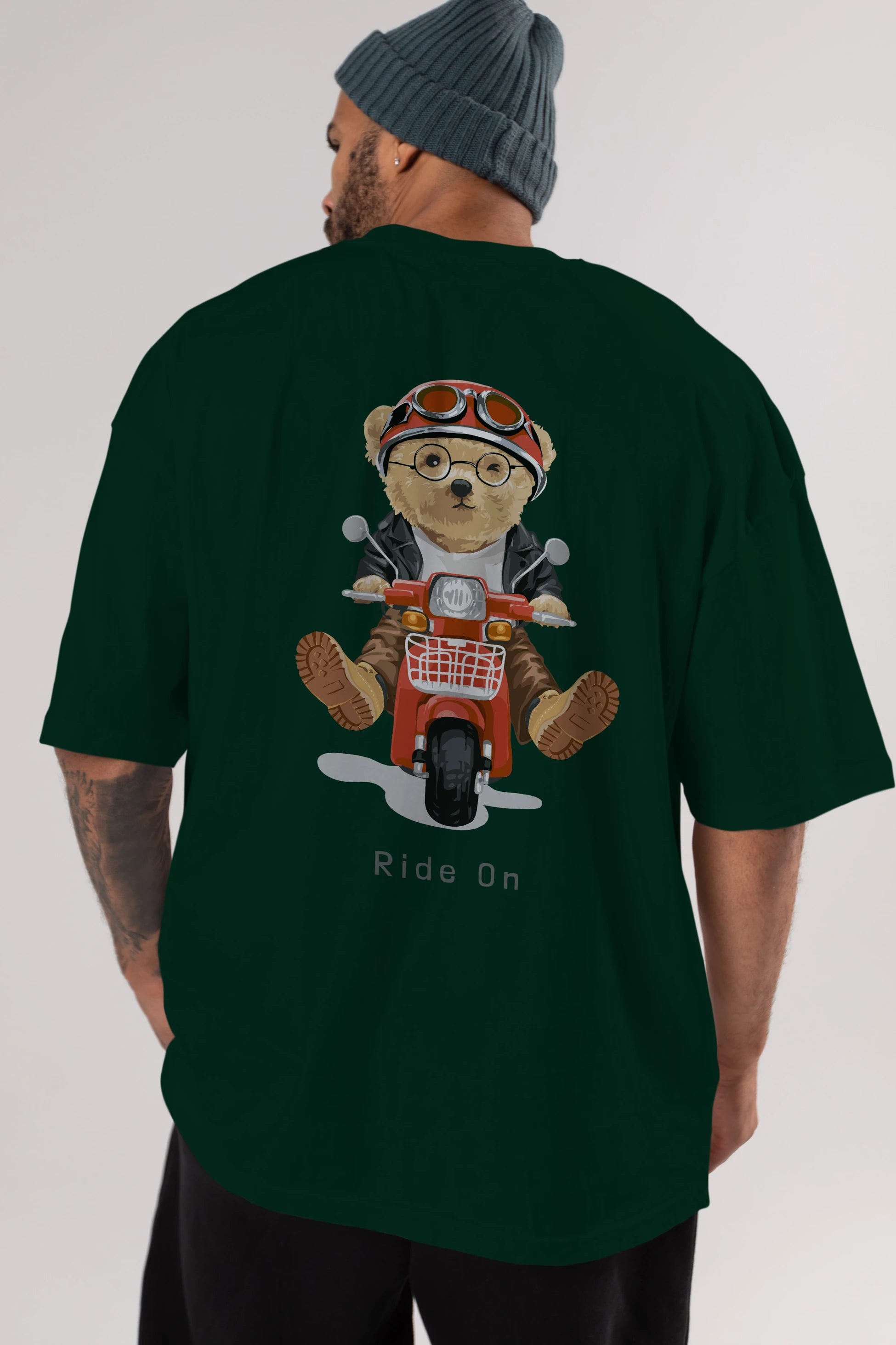 Teddy Bear Ride On Arka Baskılı Oversize t-shirt Erkek Kadın Unisex %100 Pamuk