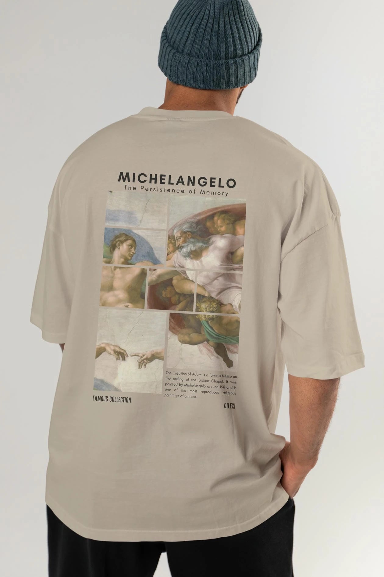 Michelangelo Arka Baskılı Oversize t-shirt Erkek Kadın Bisiklet Yaka Pamuk tişort