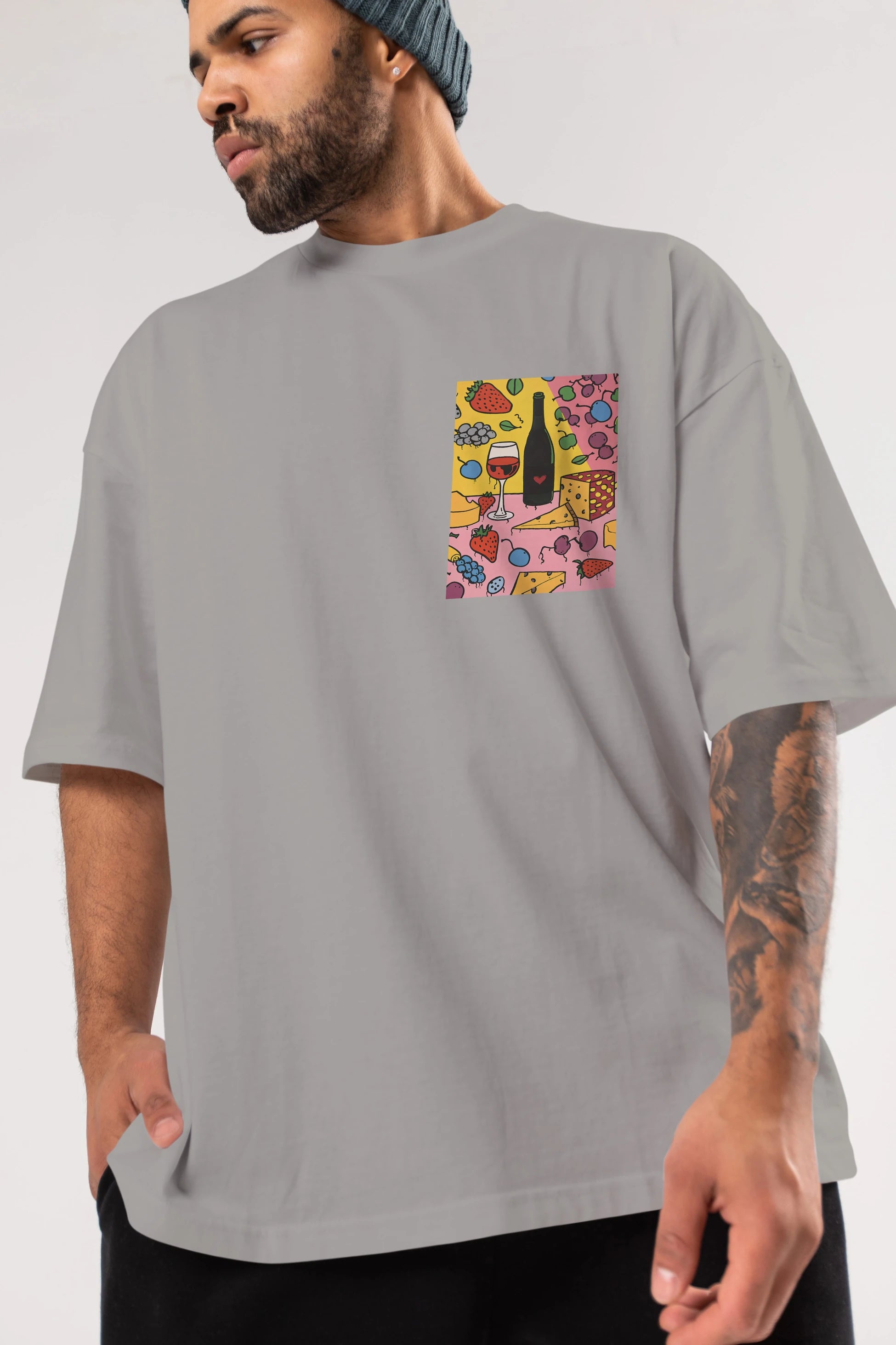 Wine Cheese Fruits Ön Sol Baskılı Oversize t-shirt Erkek Kadın Unisex %100 Pamuk Bisiklet Yaka tişort