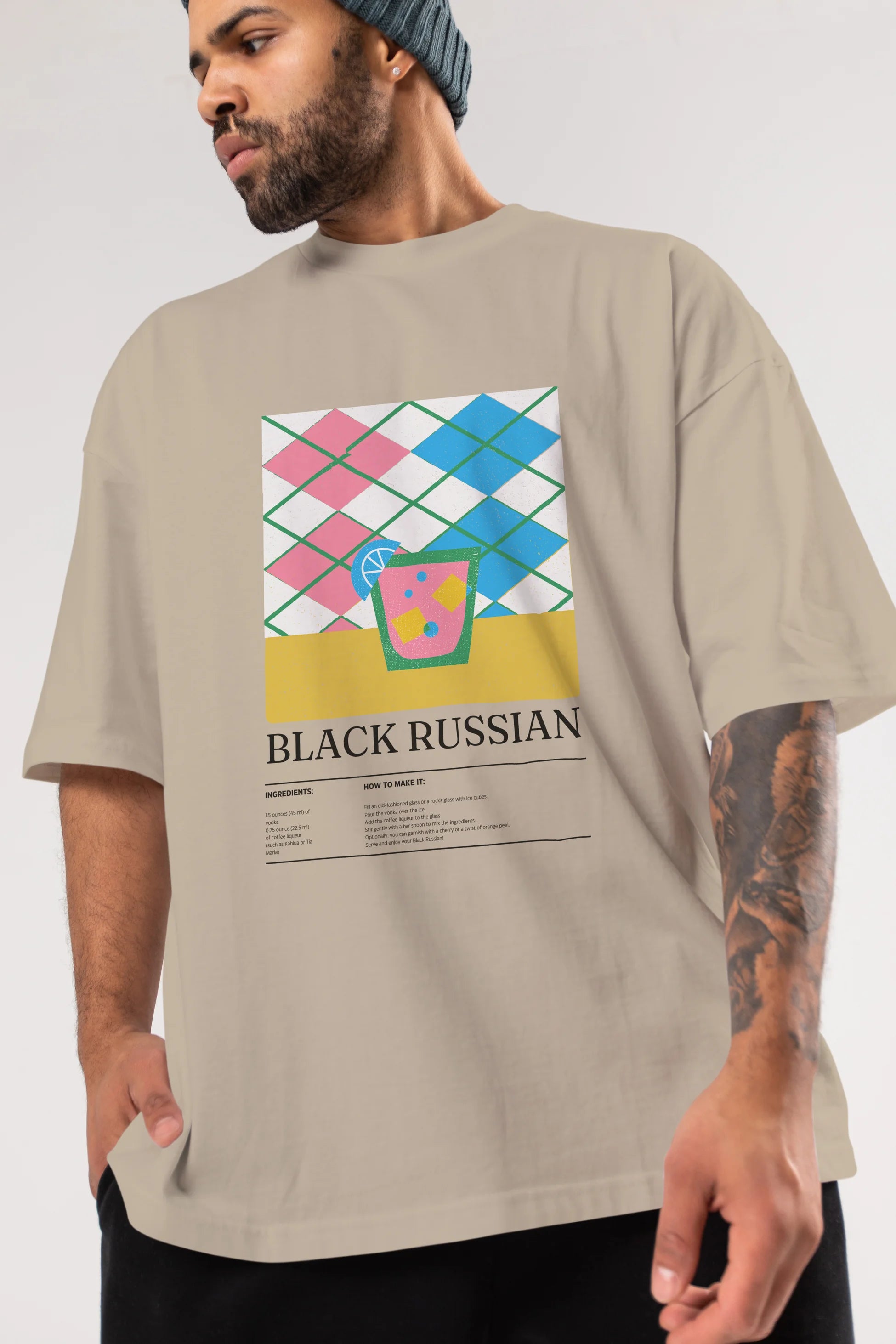 Black Russian Kokteyl Ön Baskılı Oversize t-shirt Erkek Kadın %100 Pamuk Bisiklet Yaka tişort